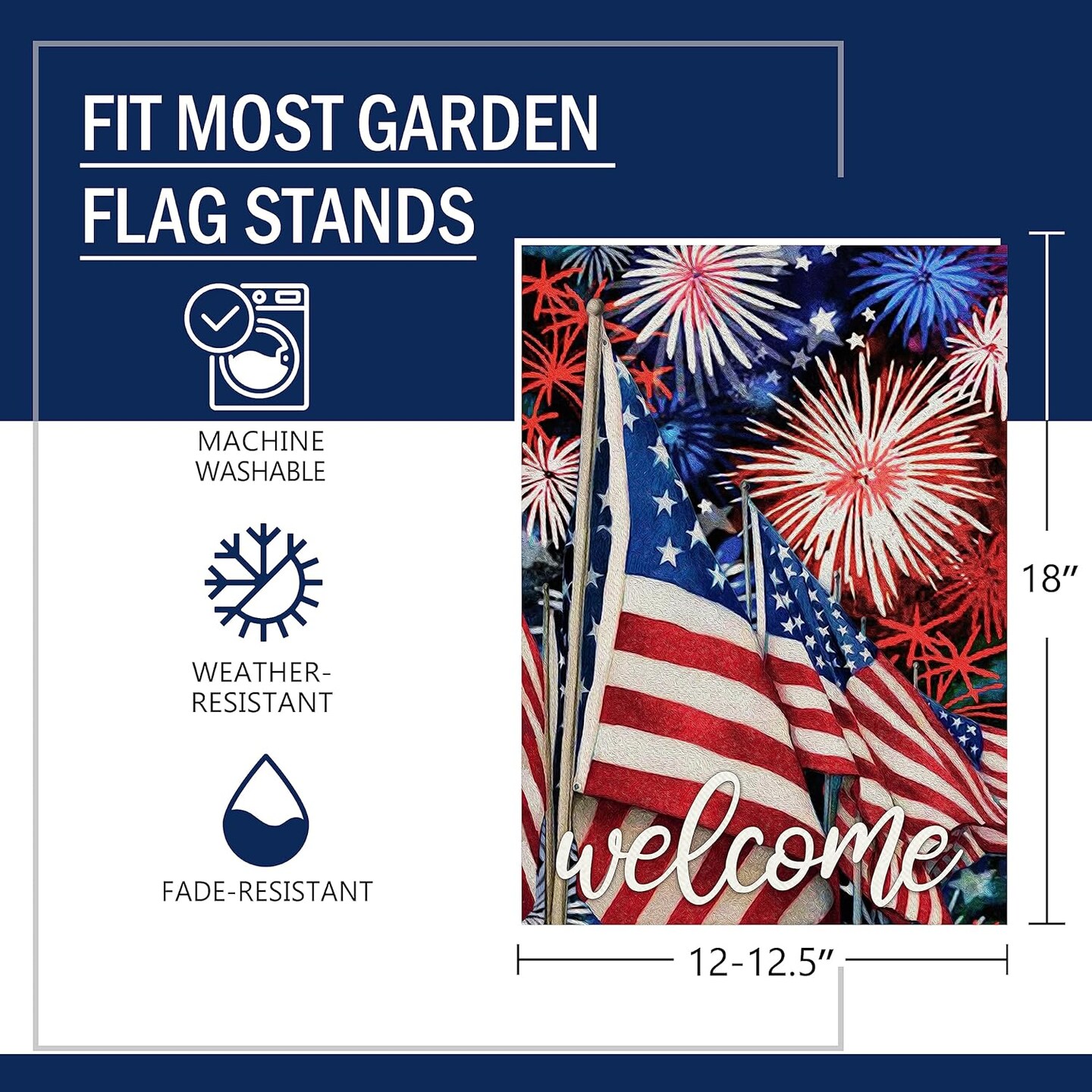 Welcome July 4th Fireworks American Patriotic Garden Flag, America Memorial Day Yard Decorative Red White Blue Star Stripes Home Outside Decoration, USA Outdoor Small Decor Double Sided 12x18