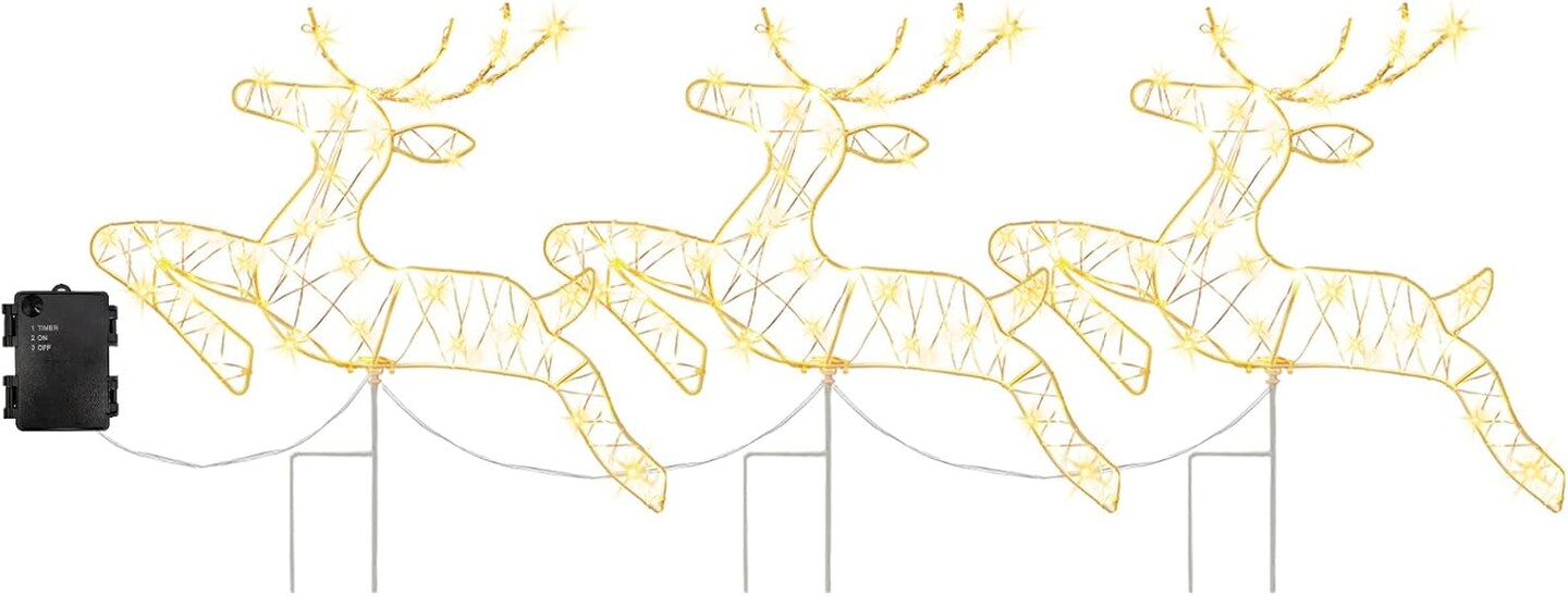Christmas Pathway Lights Outdoor, 3 Reindeer Christmas Outdoor Decorations Pre-lit with 150 Warm White Lights and 8 Lighting Modes