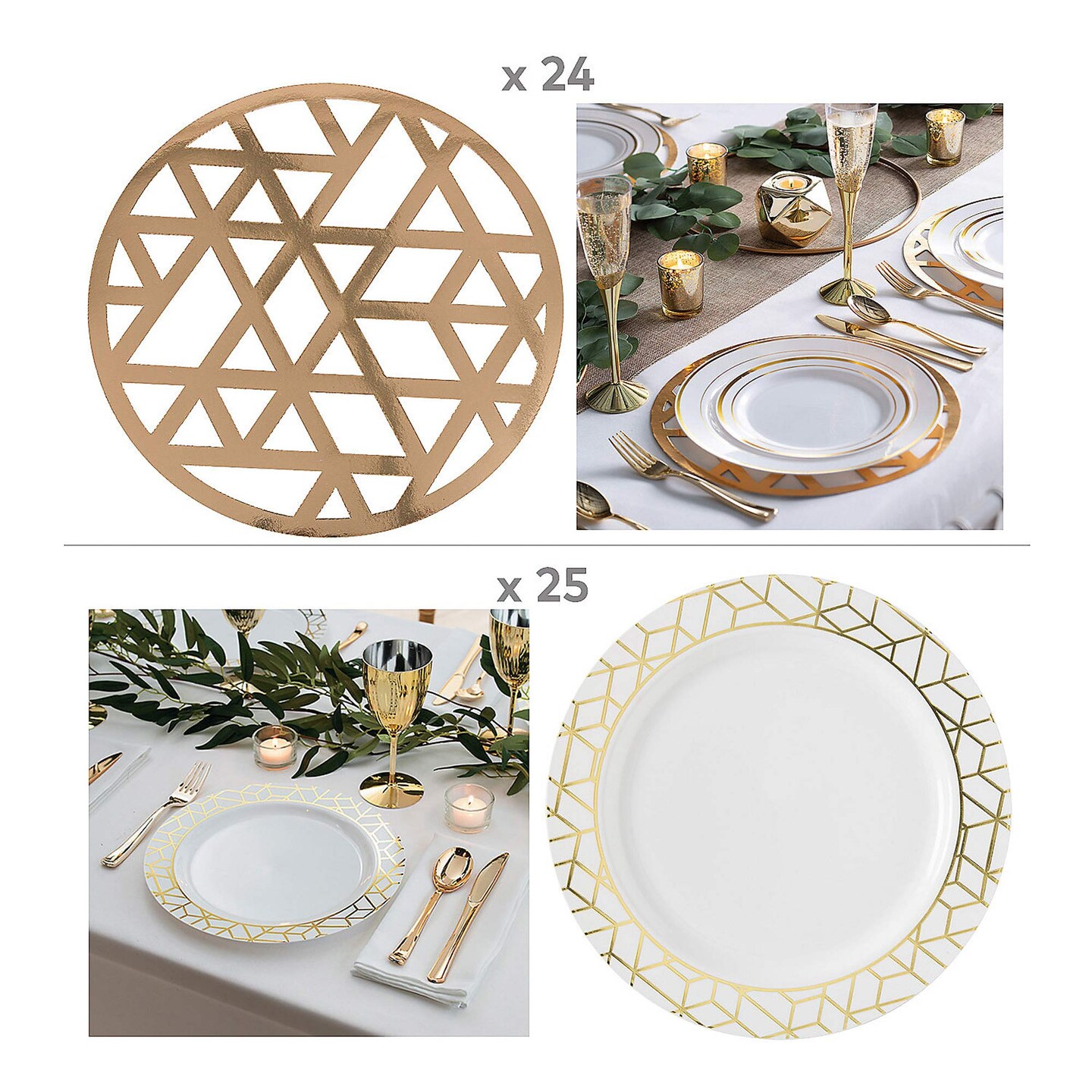 24 Pack Gold Geometric Charger and Dinner Plates Elegant Wedding Party Supplies
