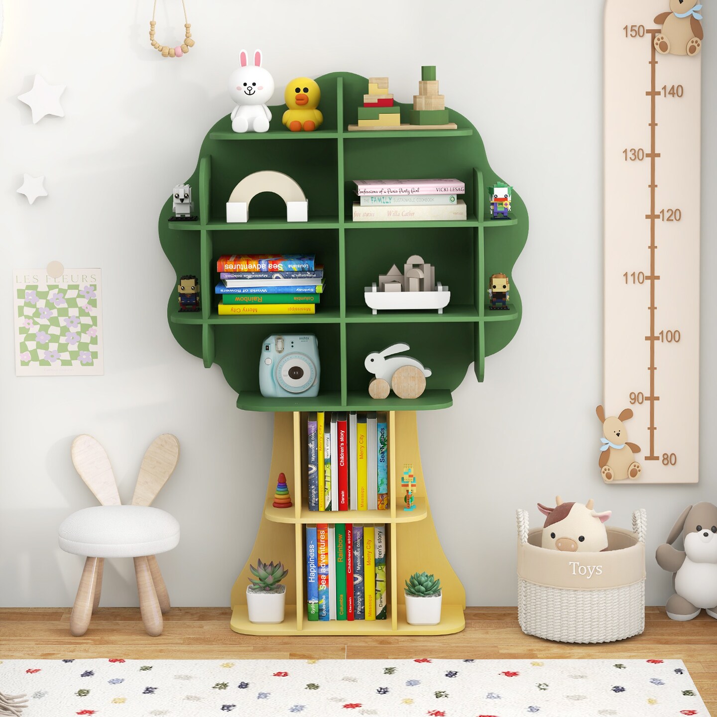 53" Tall Green Wooden Tree Bookshelf for Kids with 6 Open Storage Shelves for Toys and Learning