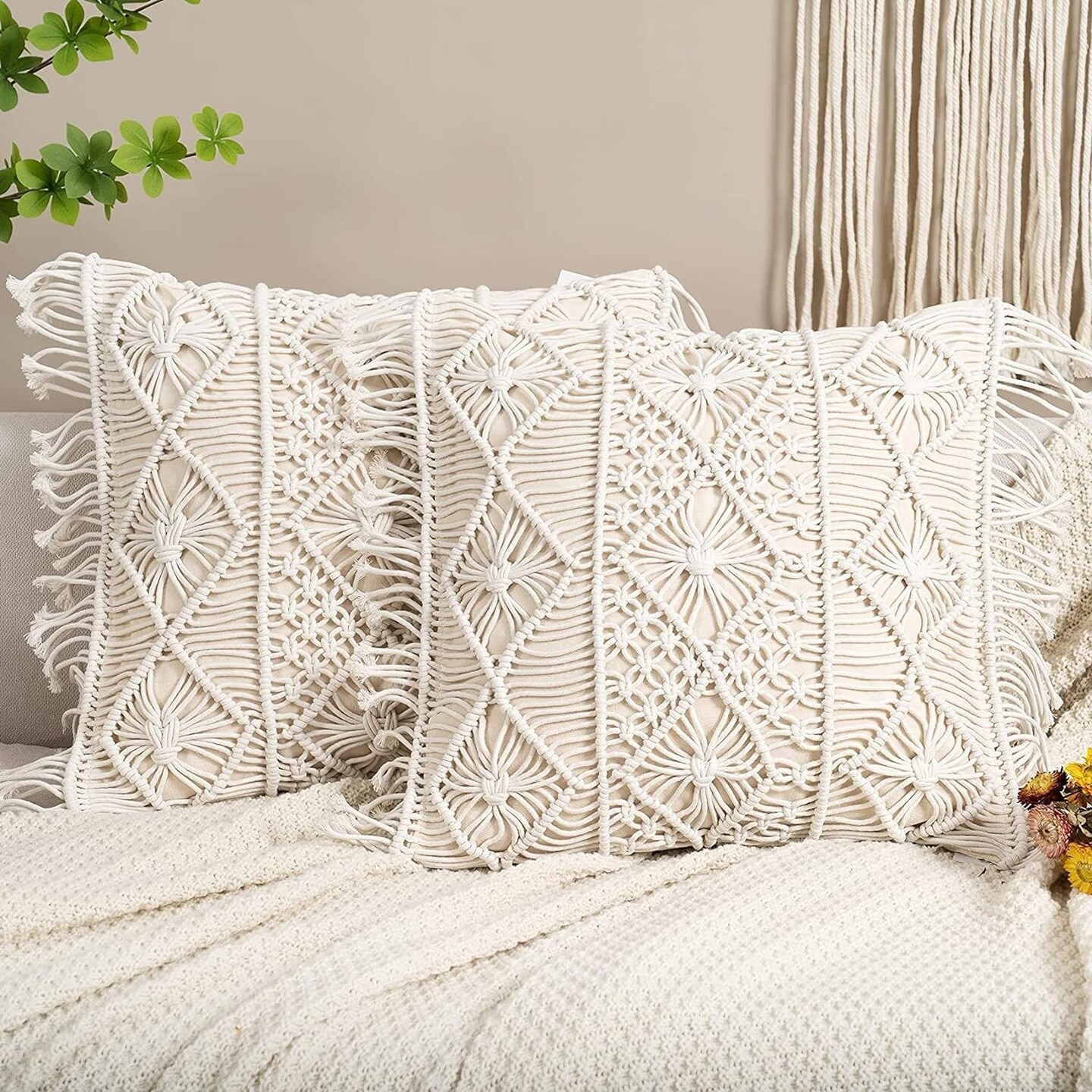 Macramé Pillow Cover- Set of 2 Boho Cushion Cover 100% Cotton Decorative Fringe Pillow Cover Boho Home Decor