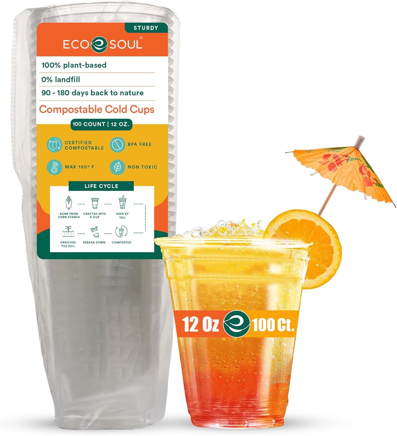 Clear Compostable Party Cups | (100 Count, 12 oz) | Disposable | Biodegradable | Plant Based Eco-friendly Alternative to Paper &#x26; Plastic Cups | For Weddings &#x26; Gatherings