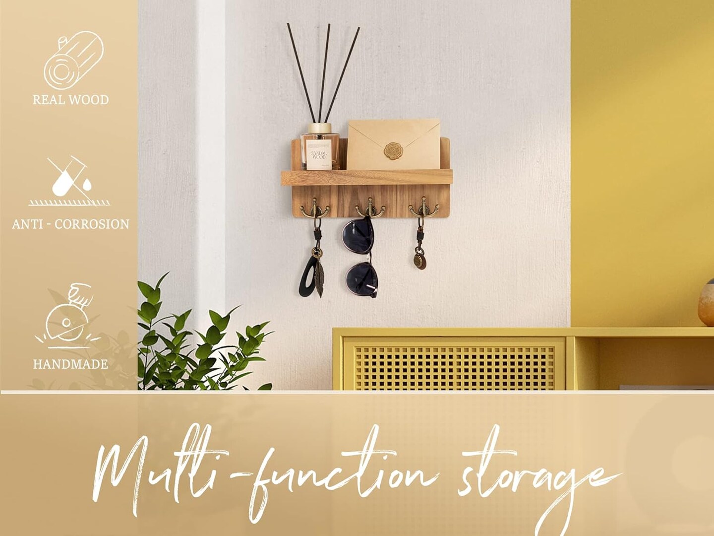 Farmhouse Key Holder for Wall: Decorative Small Mail Organizer with Shelf and Rustic Mail Holder with 3 Anchor Key Hooks - Retro Home Decor Wall Mount for Entryway, Hallway (Light Brown)