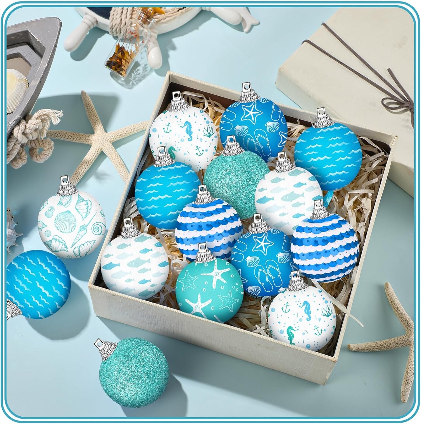 16 Pcs Summer Ornaments for Tree, 1.57 inch Beach Ocean Decorations Coastal Starfish Seashells Wave Hanging Ball Decor Blue Shiny Summer Ball Ornaments for Holiday Party Favor Decorative (Ocean)