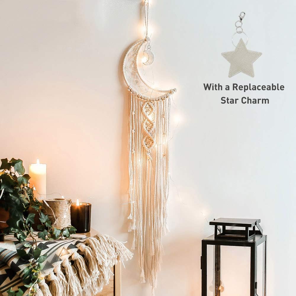 Boho Macrame Crescent Moon Star Dream Catcher with Long Tassel (With Light)