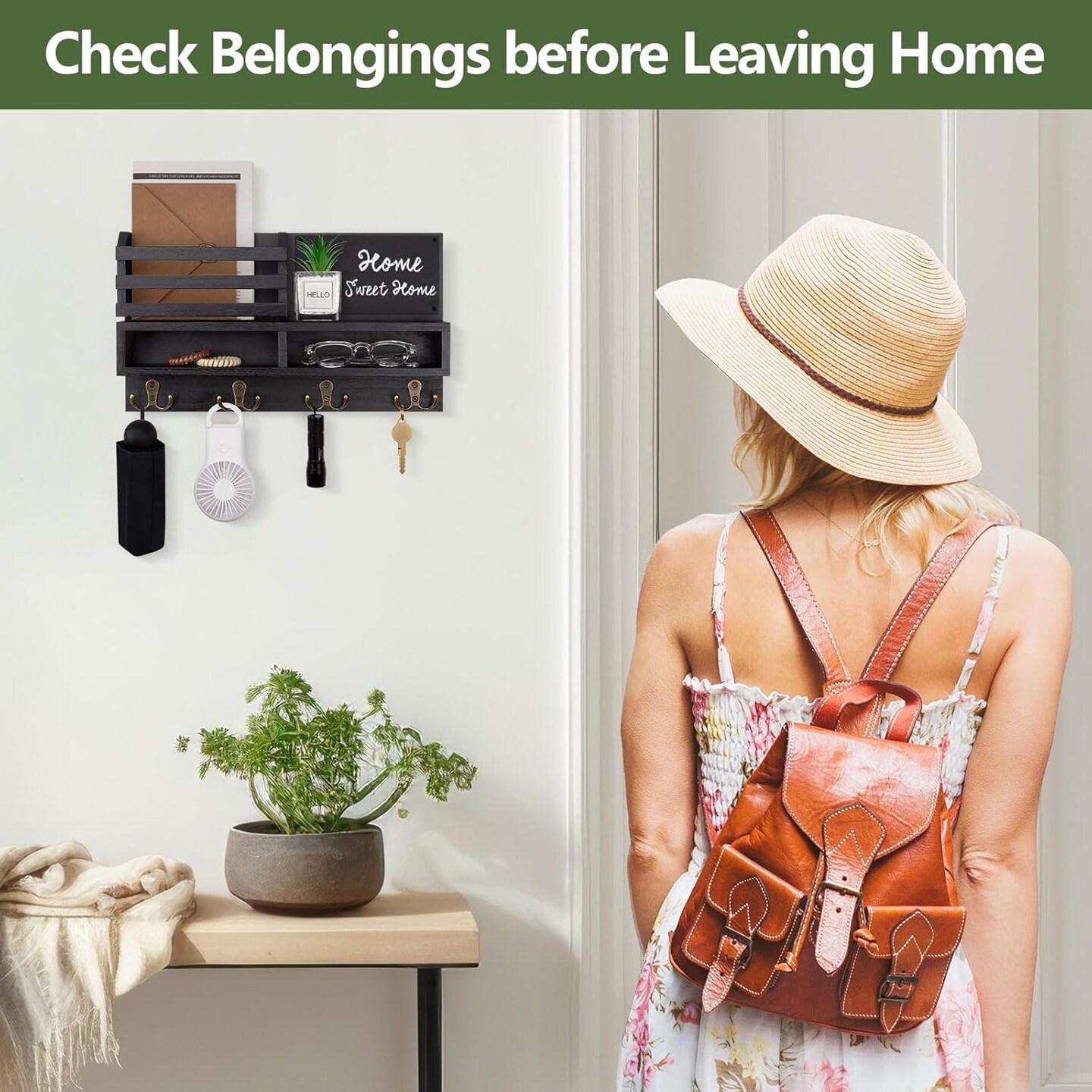 Wall-Mounted Key and Mail Organizer with Shelf & Chalkboard – Rustic Paulownia Wood Entryway Storage with 4 Double Hooks, Mail Slot, and 3 Liquid Chalks (Black, 15.98”W x 9.1”H x 3.3”D)