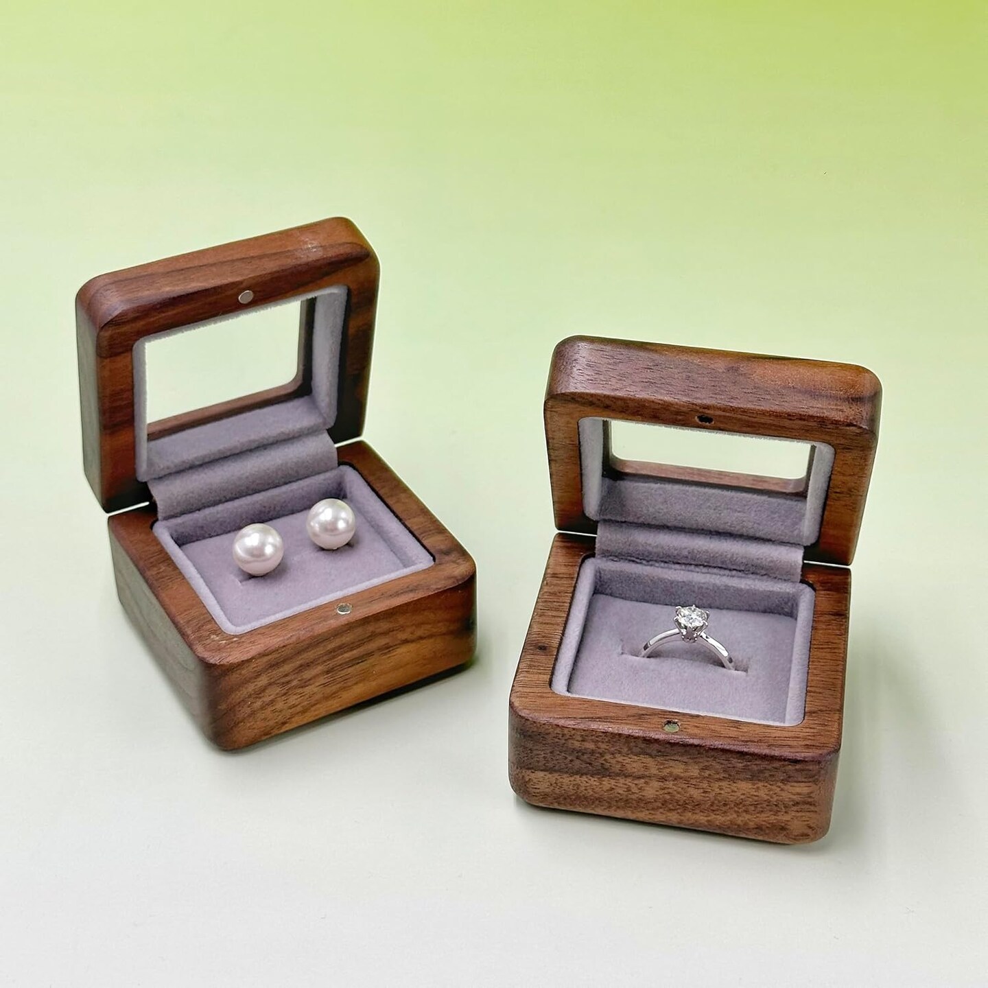 Handmade Black Walnut Wood Ring Box with Glass Lid and Velvet Lining, Minimalist Jewelry Organizer for Engagement, Proposal, Wedding, or Daily Storage, Display Case for Diamond Rings&#xFF08;1 Slots&#xFF09;