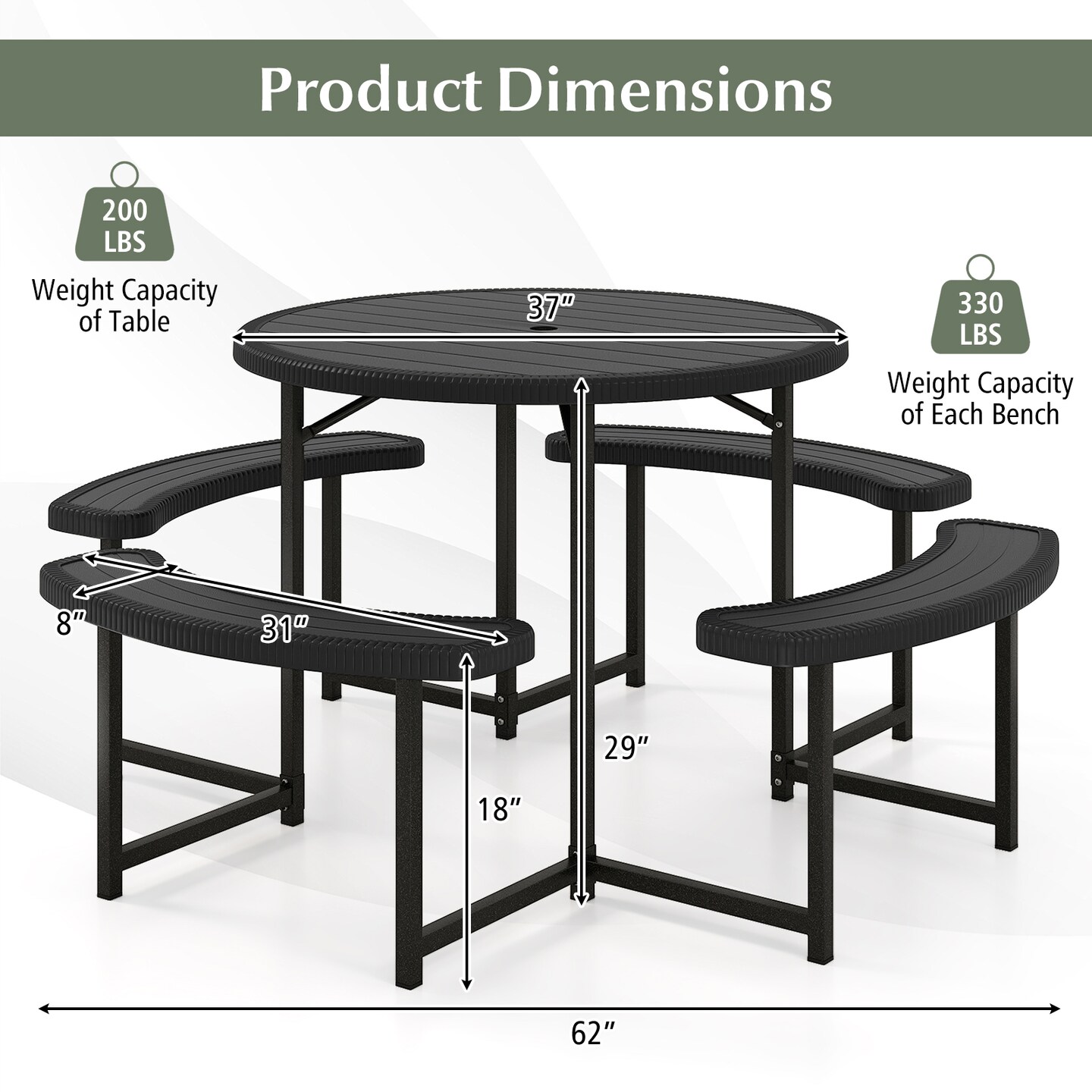 Patio Picnic Table Bench Set with 4 Seats and Umbrella Hole for Outdoor Dining