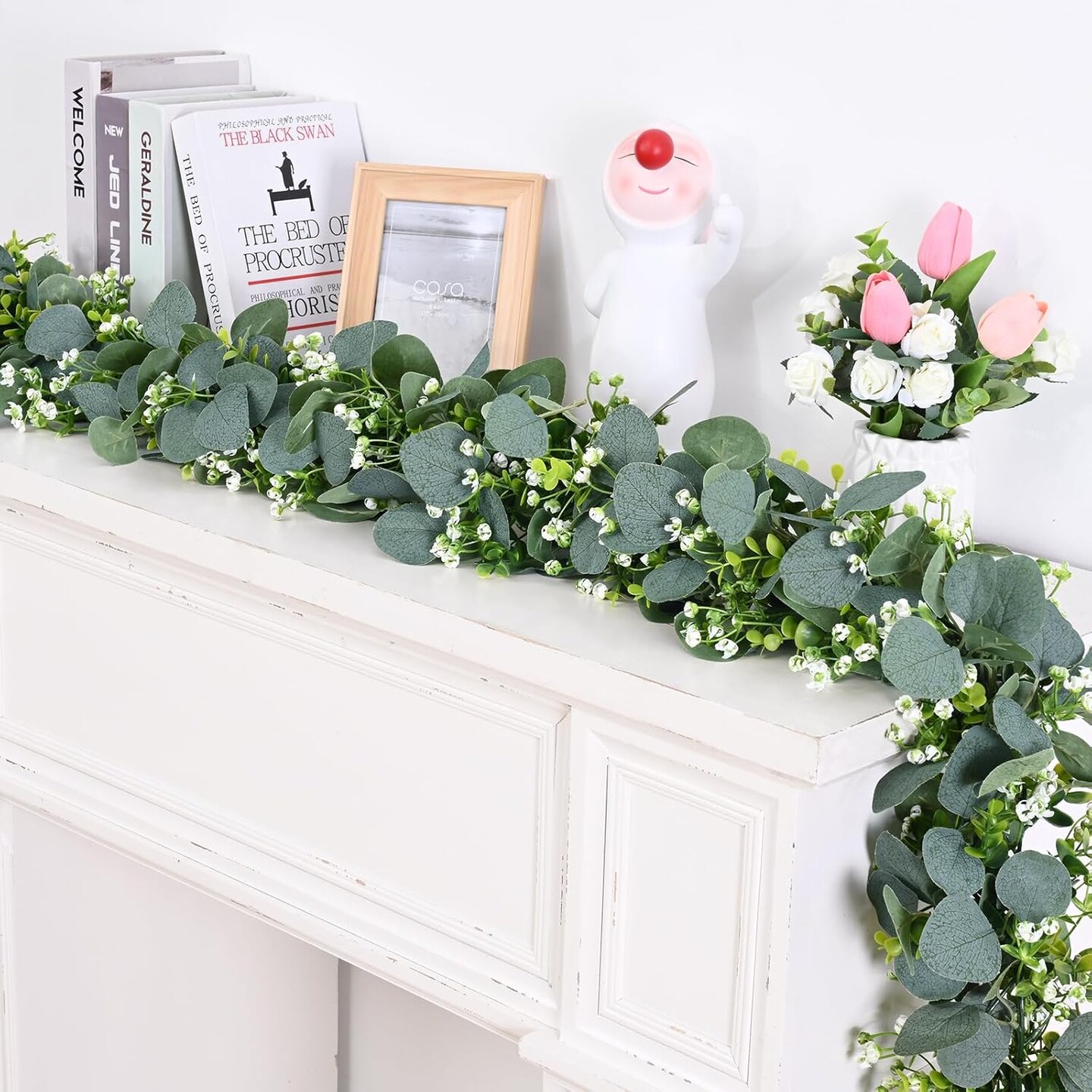 2 Pcs Eucalyptus Garland – 5.9 ft Faux Silver Dollar Leaves with Flowers for Table, Home, Wedding, Mantle, Party & Indoor/Outdoor Décor
