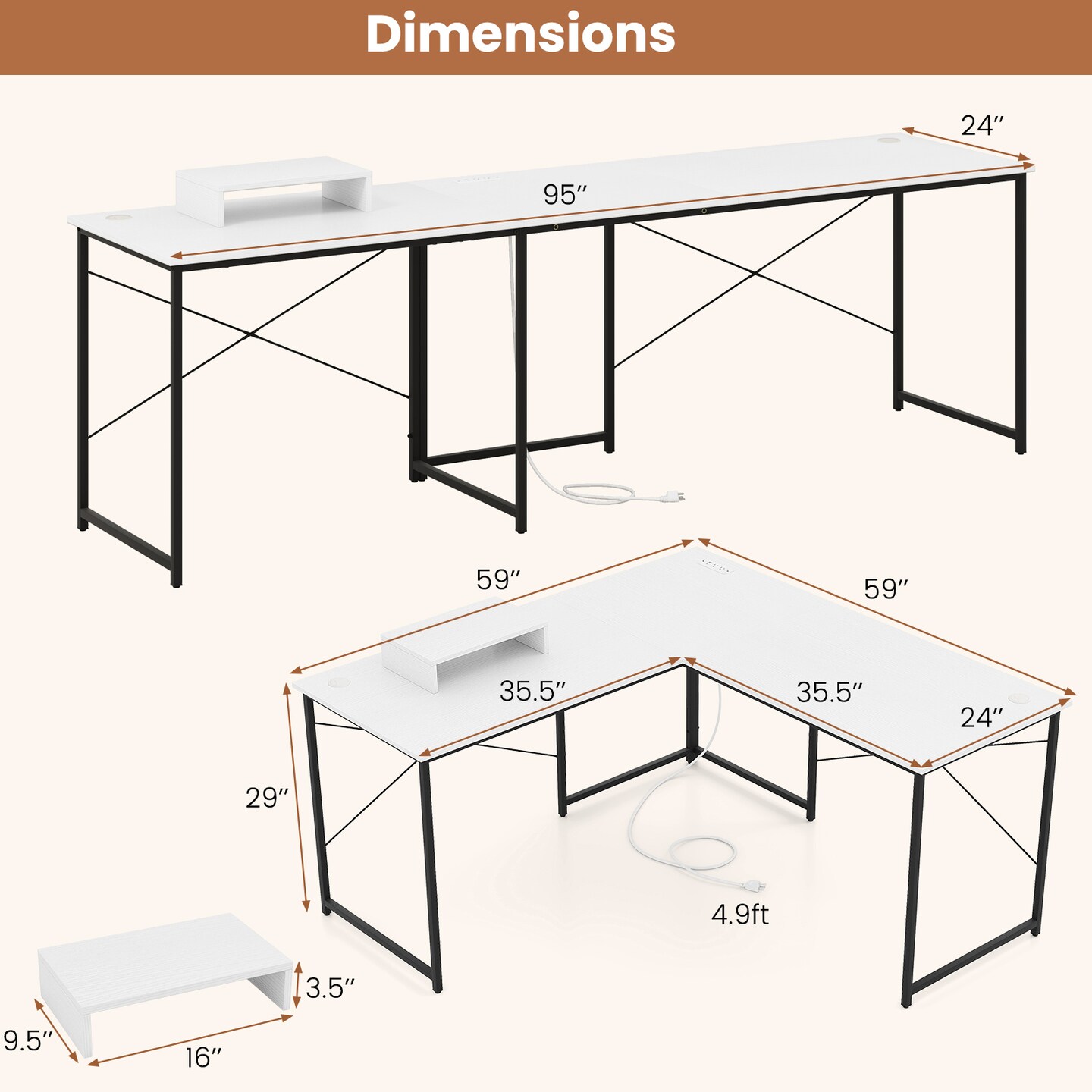 95&#x22; L-Shaped Desk for Two People with Adjustable Monitor Shelf and Cable Management