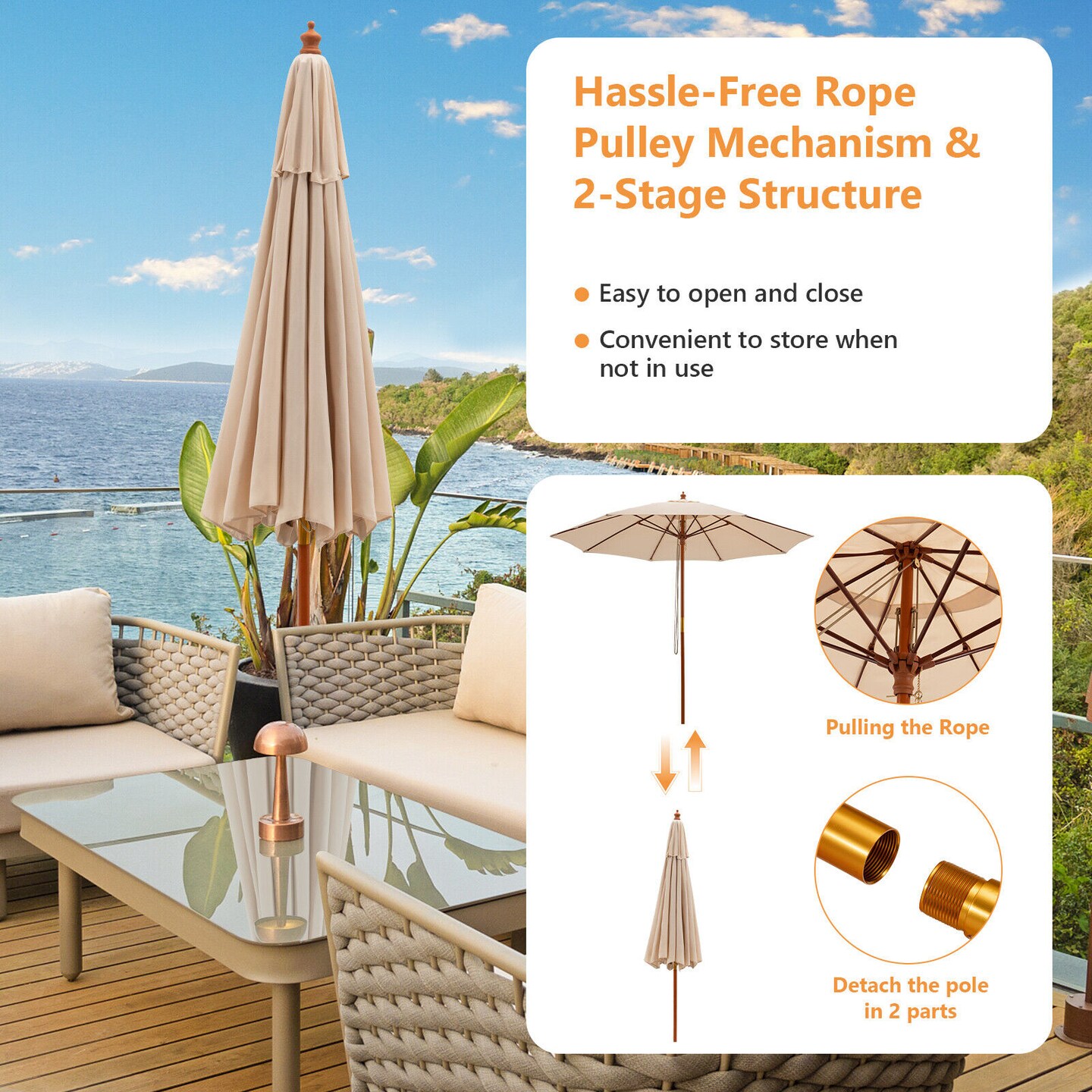Beige 9.5 Ft Patio Umbrella with Air Vent 3-Position Tilt Rustproof Wooden Pole and Polyester Canopy