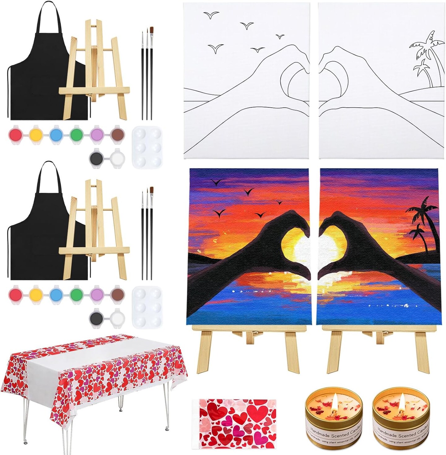 Date Night Idea Painting Kit for Couples Sip and Paint Kit for Adults Couples Pre Drawn Canvas to Paint for Adults Art Set Sunset Heart Valentine 2 Pack 8" X 10"