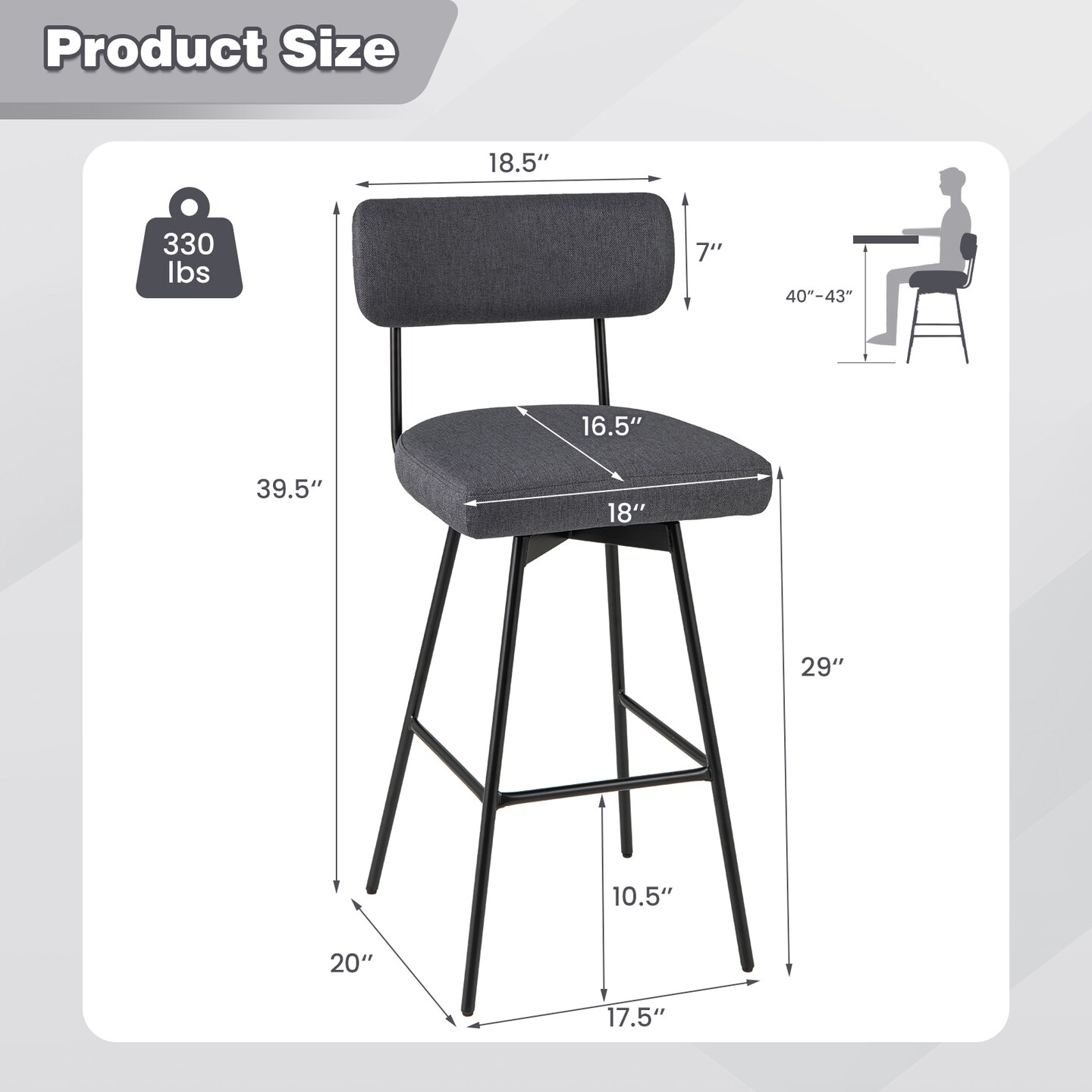Set of 2 Grey Linen Upholstered Bar Stools with 360 Degree Swivel Metal Frame and 29” Seat Height