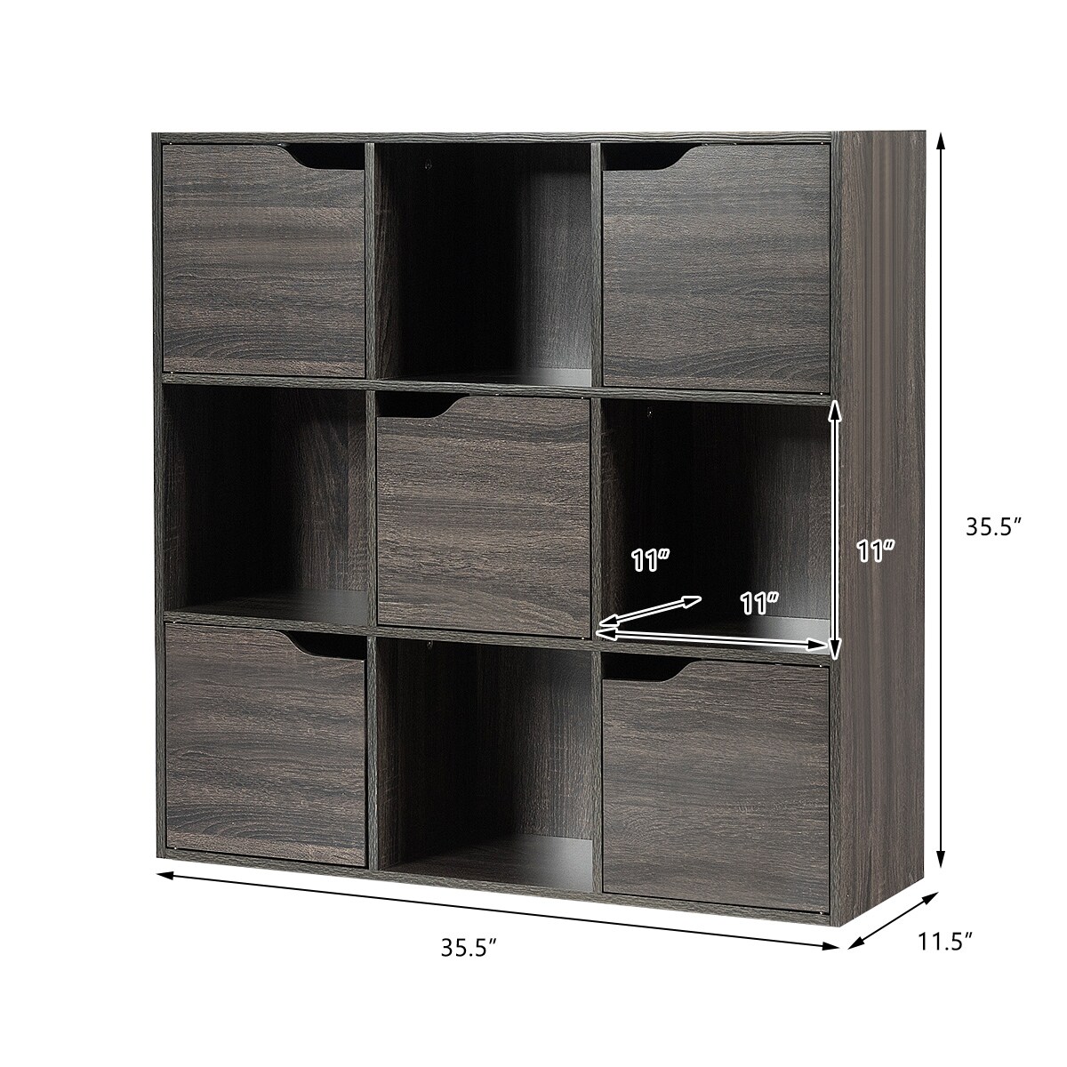 3-Tier Grey Chipboard Space-Saving 9-Cube Bookcase with Enclosed Doors for Home or Office