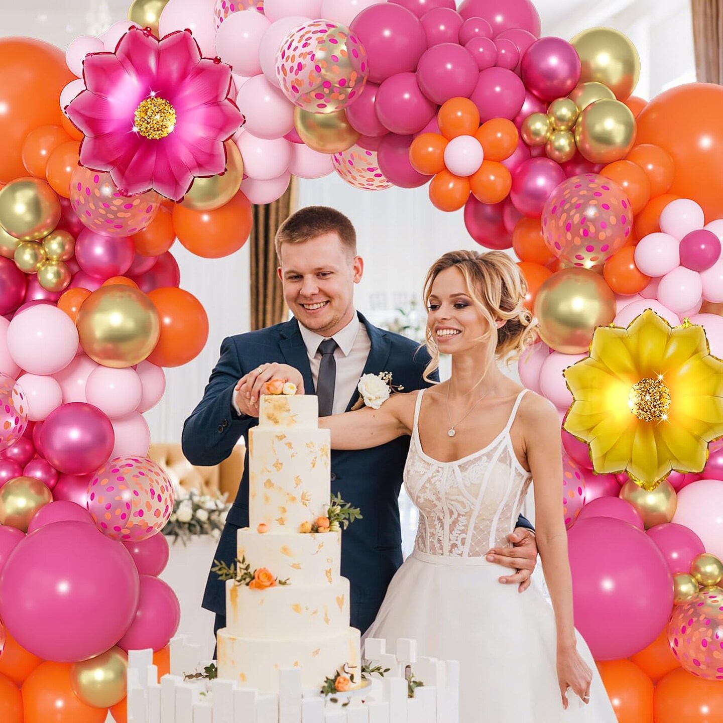 183Pcs Pink and Orange Balloons Garland Arch Kit with Hot Pink Gold Foil Flowers Balloons for Pink and Orange Party Decoration Summer Tropical Birthday Baby Shower Wedding