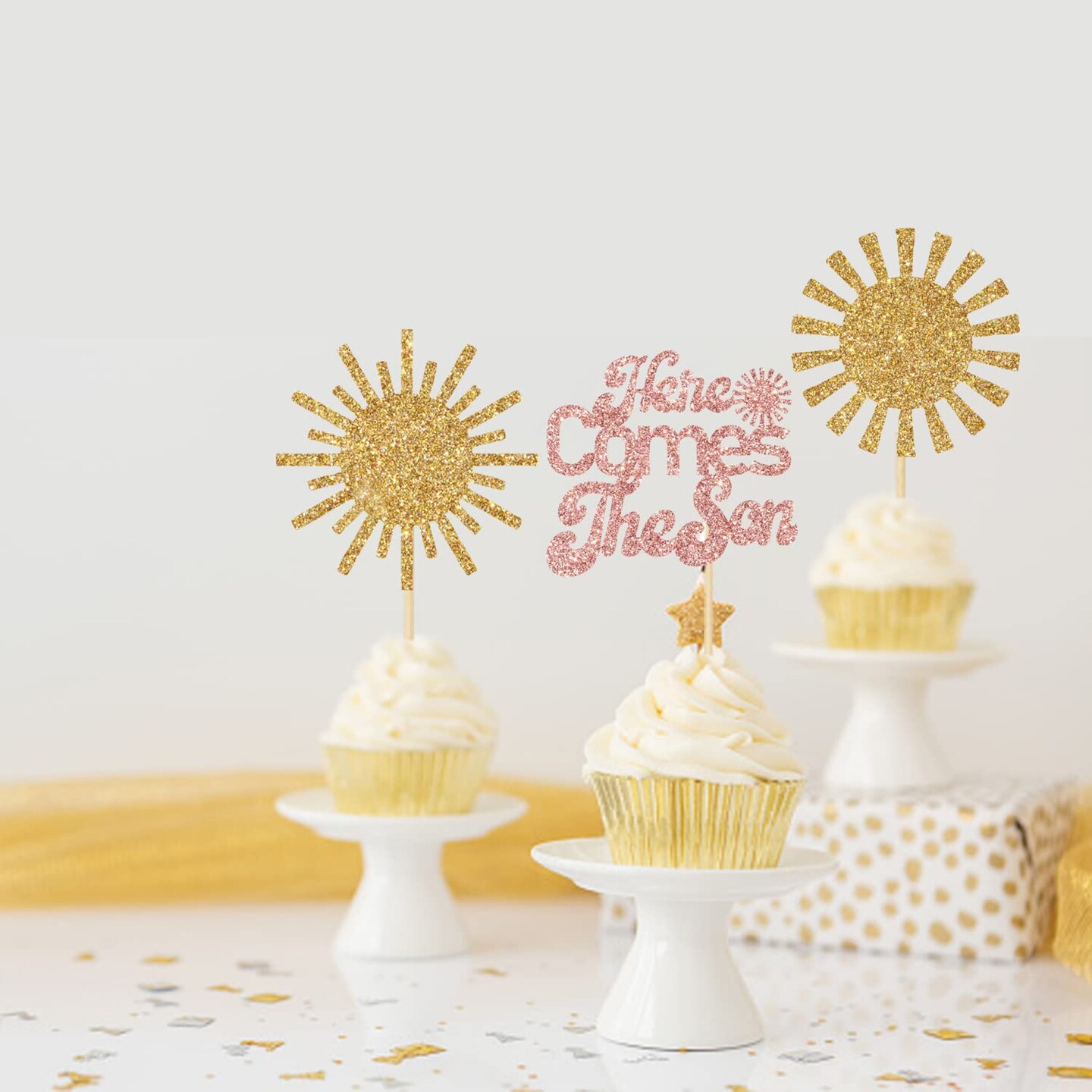 12Pcs The Son Is Coming Cupcake Toppers, Baby Shower Cupcake Decorations, Sunshine Gender Reveal Party Supplies, A Little Sunshine is On The Way Baby Shower Sign Gold & Rose Gold