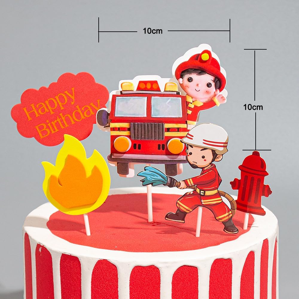 DIY fire engine cake toppers, firefighter Hero birthday cake decoration Supplies and Fire Flame Rescue Theme Cake Decorations for Firefighter Graduation Birthday(5pcs-pack)