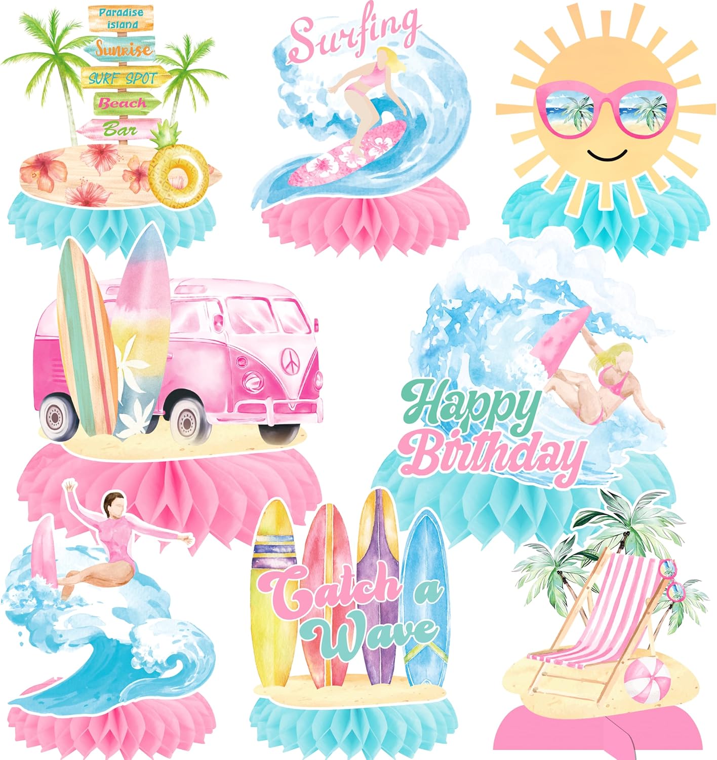 Summer Surf Party Honeycomb Centerpieces 13Pcs Vintage Surfing Surfboard Birthday Party Decorations for Girls Pink Surfer Van Surfboard Theme Centerpieces for Hawaii Beach Surf Party Supplies