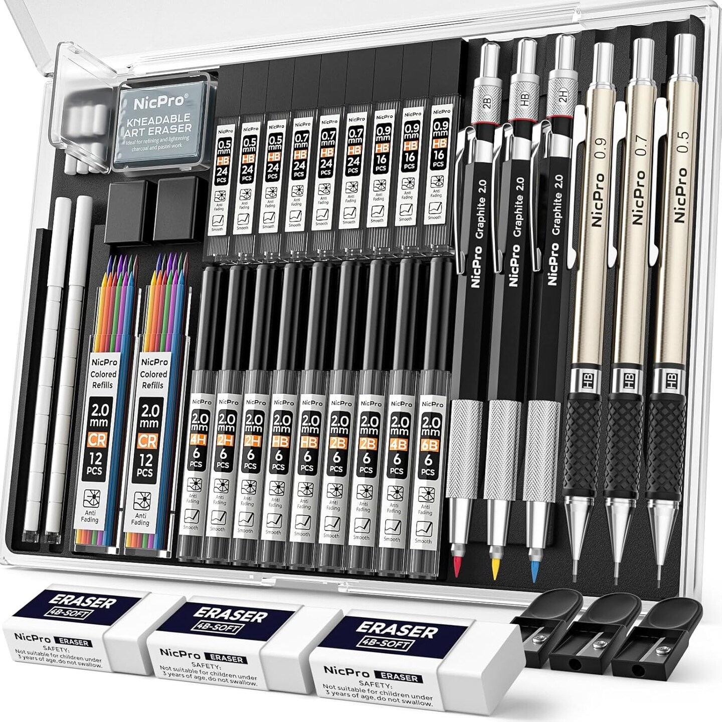35PCS Art Mechanical Pencil Set, 3 PCS Metal Drafting Pencil 0.5 mm &#x26; 0.7 mm &#x26; 0.9 mm &#x26; 3 PCS 2mm Lead Holder (6B 4B 2B HB 2H 4H Colors) For Sketching Drawing With 20 Tube Lead Refills Case