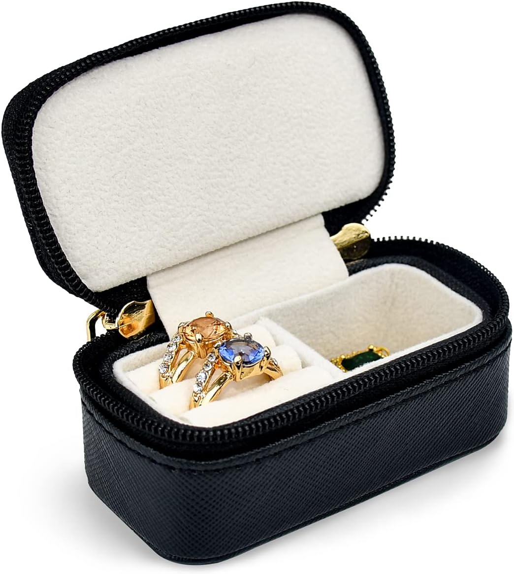 Luxury Mini Travel Ring Box Storage for Women, Portable Leather jewelry Storage Case Organizer for Rings Earrings Necklaces, Gift for Wife Girls Friends Family (Black)