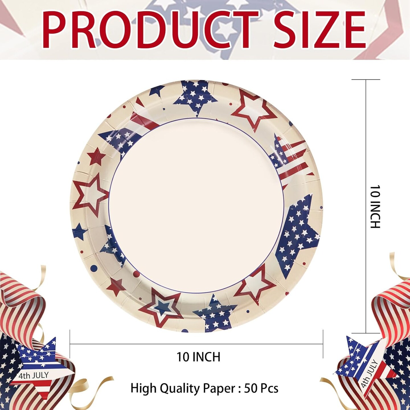 50 Pcs Patriotic Paper Plates 10" Heavy Duty 4th of July Party Plates Disposable American Flag Platter Red Blue Stars Decorative Plate for Independence Day Memorial Day Party Supplies