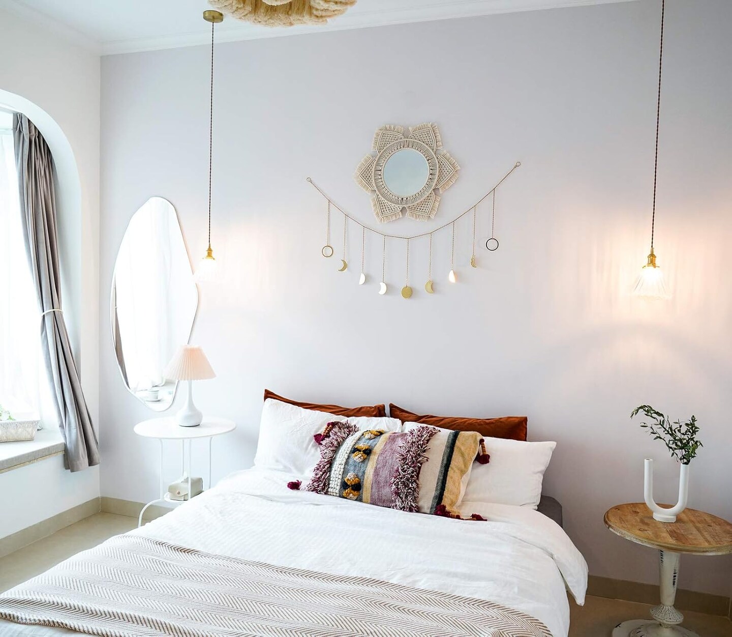 Boho Wall Mirror Decor Round Macrame Hanging Wall Art Decoration|Ivory