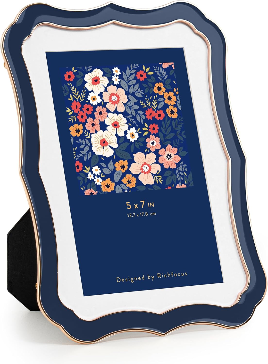 5x7 Enamel Picture Frame with HD-Tempered Glass, Display 4x6 Photo with Mat, Ornate Photo Frame with Metal Edge & Velvet Back for Tabletop & Wall Mount Vertically or Horizontally Display, Navy Blue