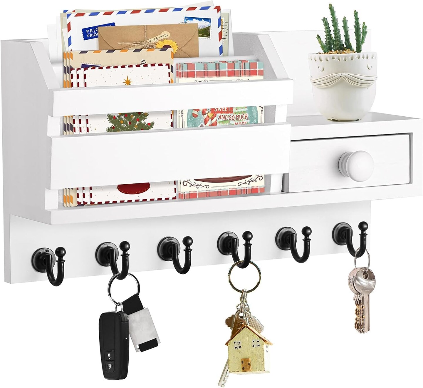 Key Holder Wall Mount, Wooden Mail and Key Organizer with Drawer and Shelf, 2 Slots, 6 Hooks, White