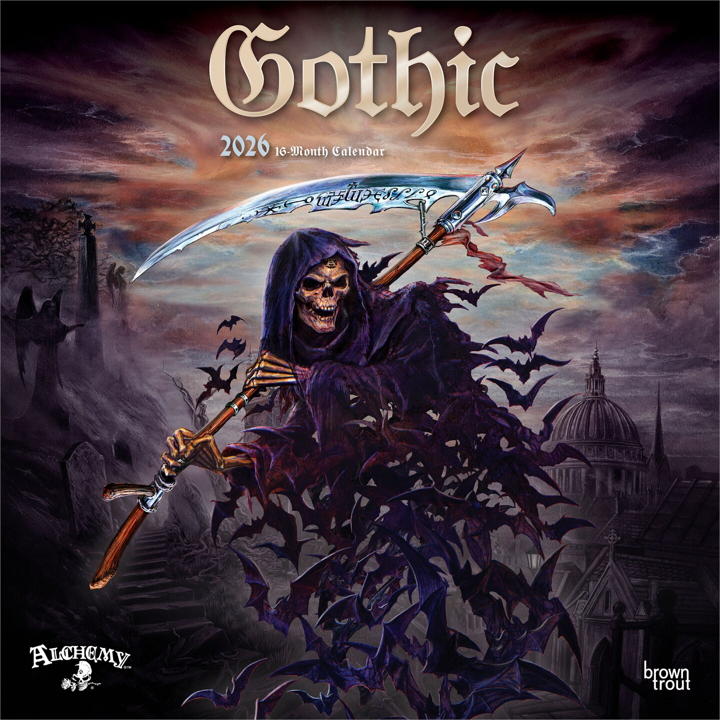 Gothic Alchemy OFFICIAL | 2026 12 x 24 Inch (Hanging) Monthly Square Wall Calendar | Plastic-Free | BrownTrout | Manchester Artists Anti Jewellery Design