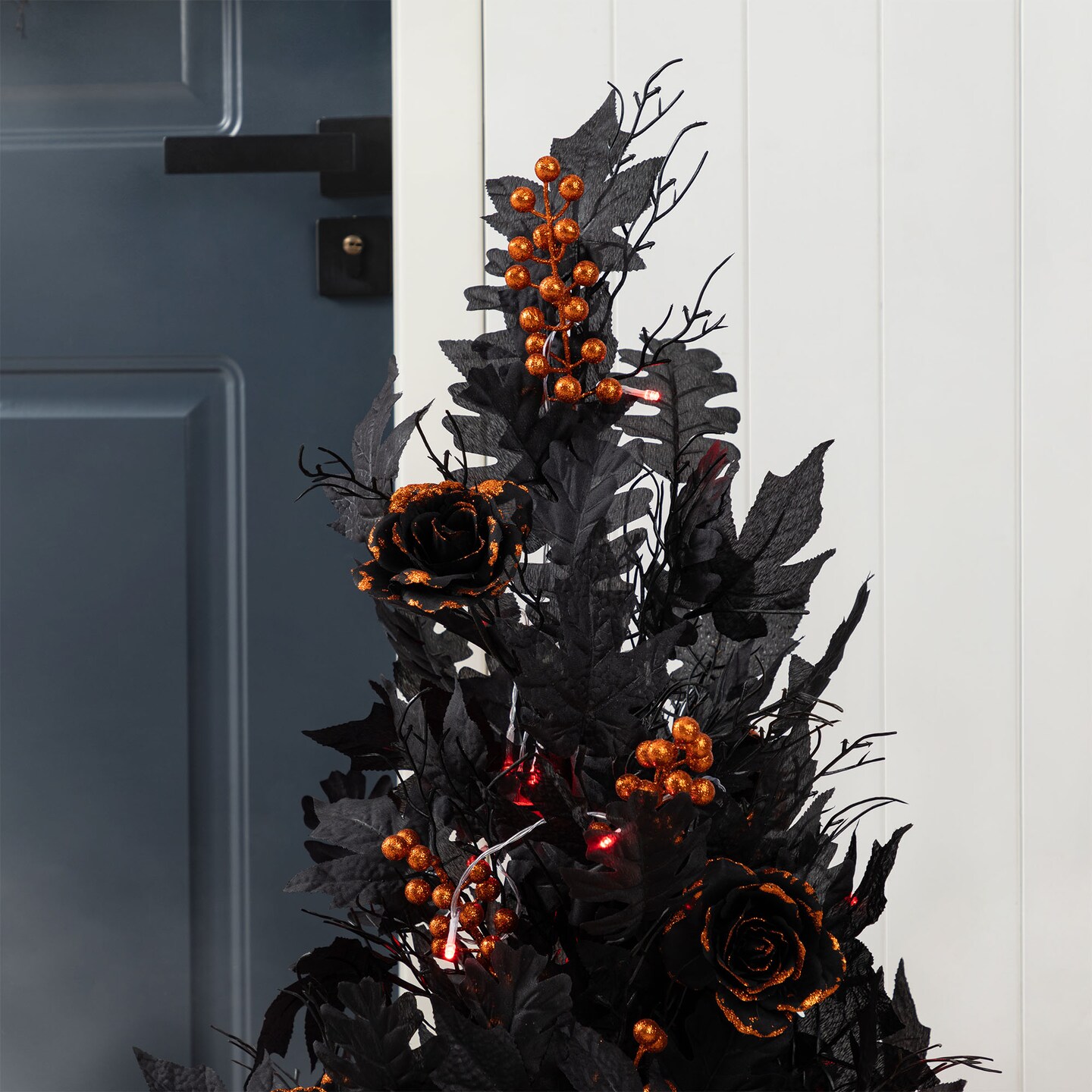 Halloween Lighted Black Rose with Orange Glitter Urn Porch Trees and Wreath/Teardrop Set