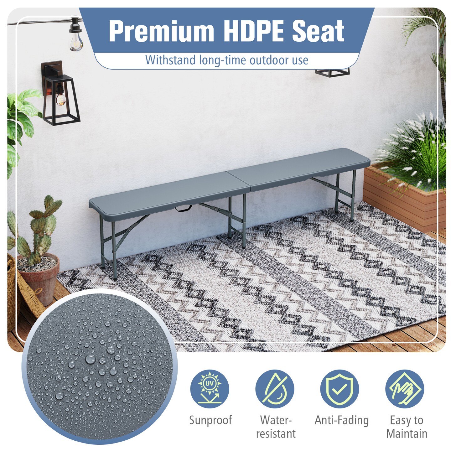 Portable 6 Ft Folding Bench Seat with Handle for Picnic Camping Tailgate