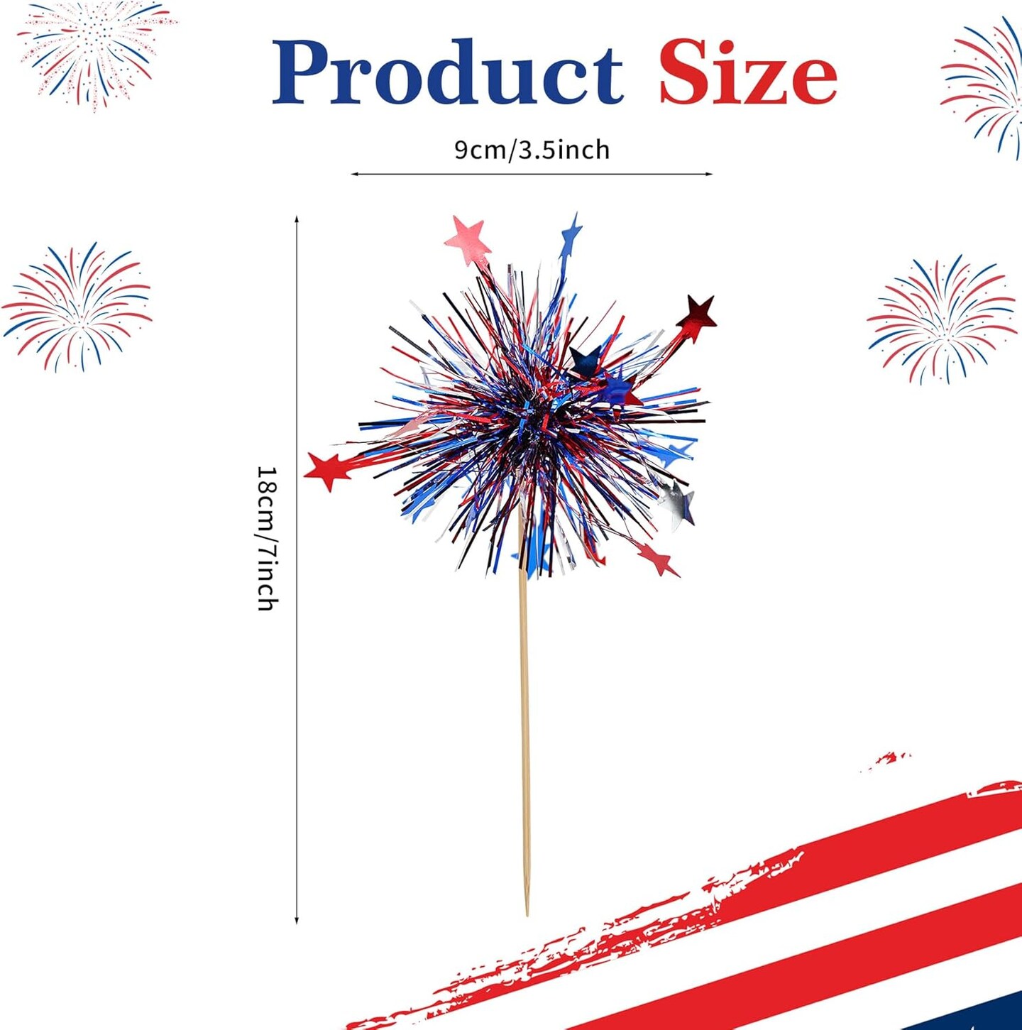 24Pcs American Patriotic Cupcake Toppers, 4th of July Foil Firework Cupcake Toppers Tinsel Drink Cake Decoration Picks Independence Day Decorations Supplies Favor