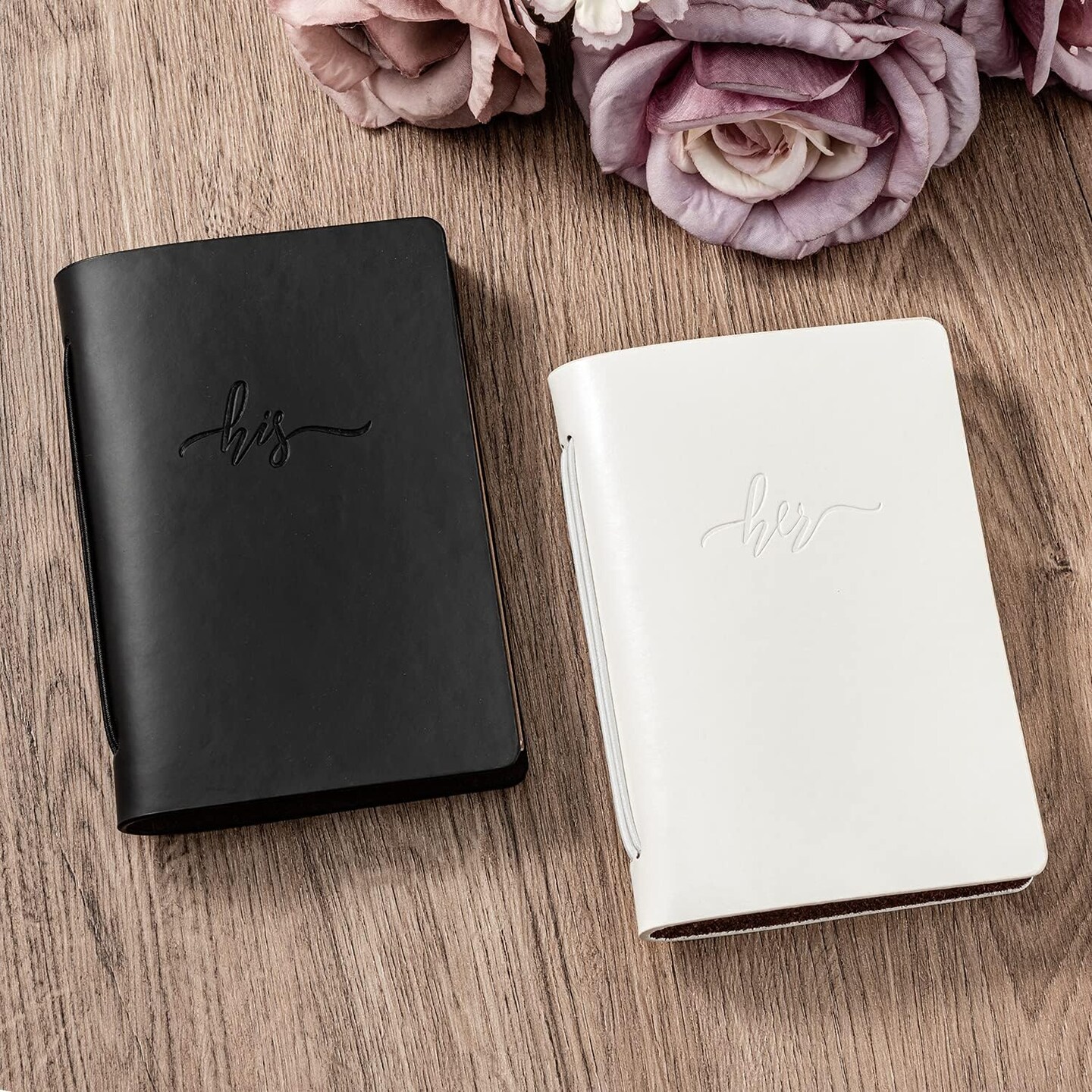 Set of 2 Handcrafted Wedding Vow Books – Black & White Cowhide Covers with “His” and “Her” Stamping