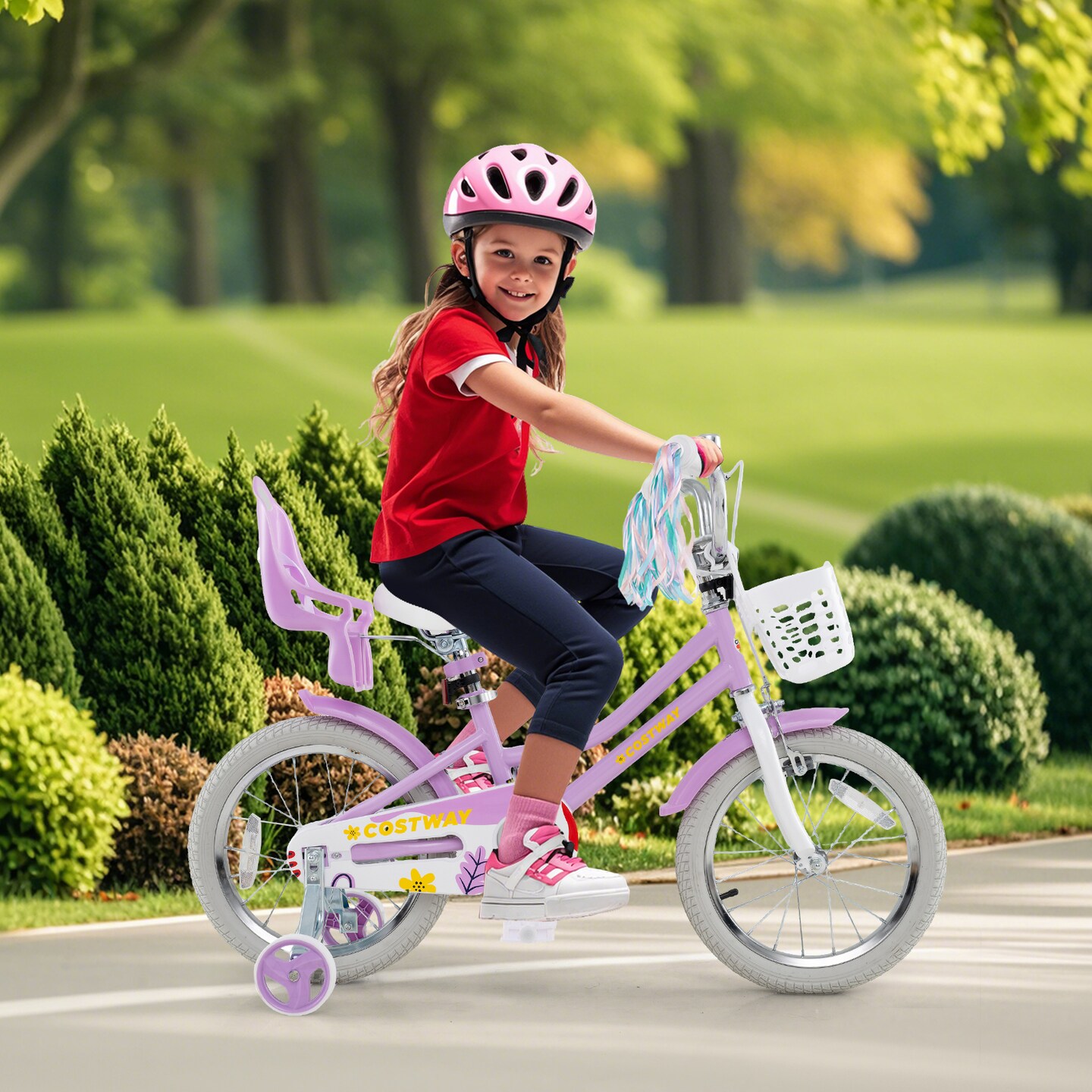 Kids Purple Bike with Adjustable Seat and Handlebar Dual Brakes, Basket, Doll Seat and Training Wheels