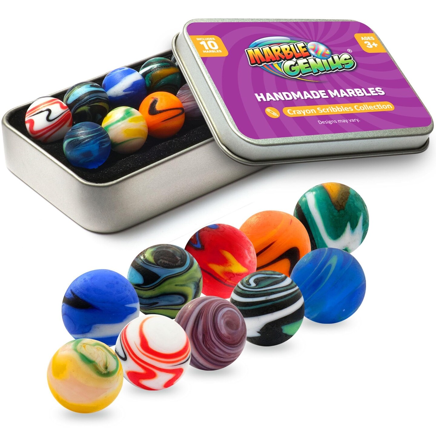 Marble Genius Collectors Marbles, Scribble Design, 16mm (&#x215D; Inch), 10 Handmade Glass Marbles, Gifts for Marble Lovers, Gifts for Kids Ages 3+