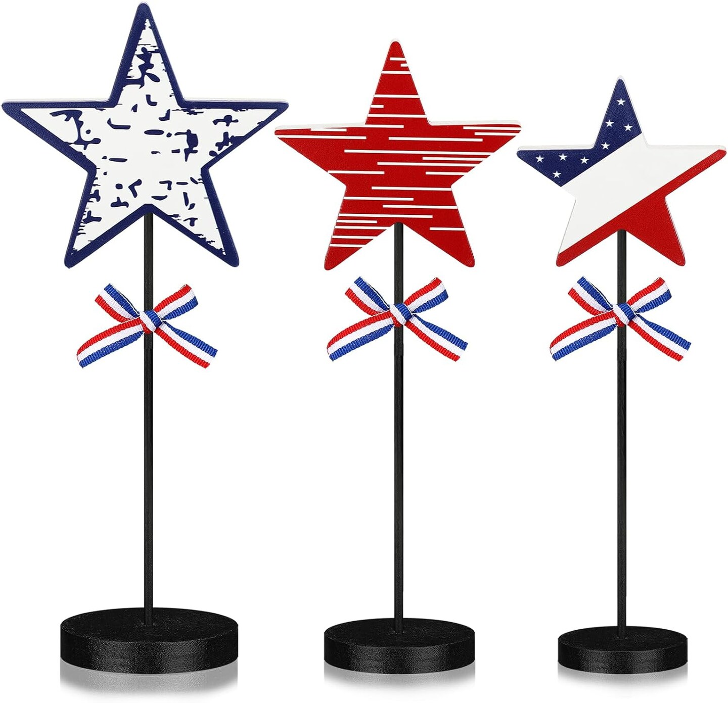 3 Pcs 4th of July Star Table Decor Memorial Day Patriotic Wooden Sign Red White Blue Star Block Tall Standing for Independence Day Table Home Kitchen
