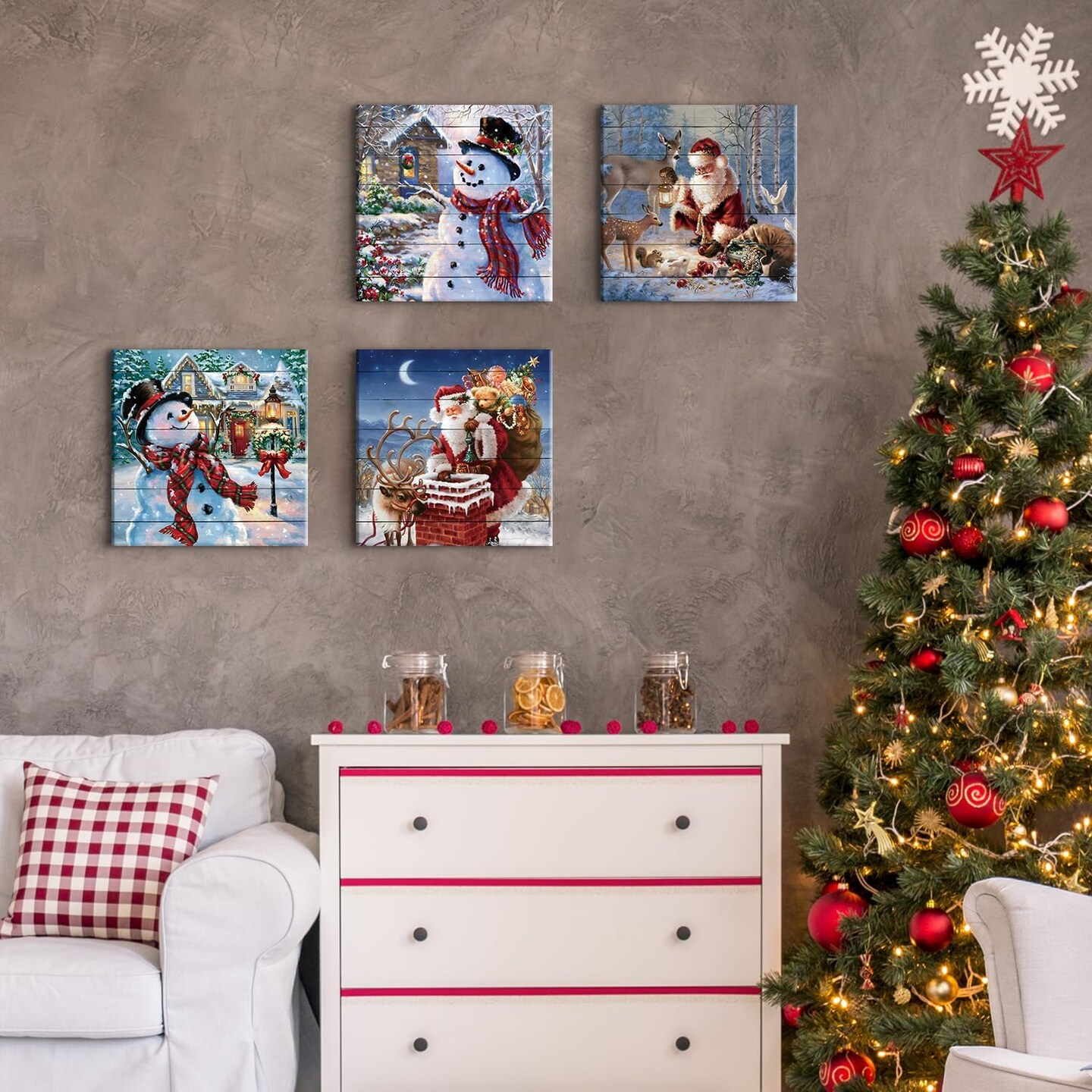 Christmas Wall Art Set – 4 Pcs Santa Claus & Snowman Canvas Prints – Watercolor Deer & Holiday Decor for Living Room, Bedroom, or Xmas Party