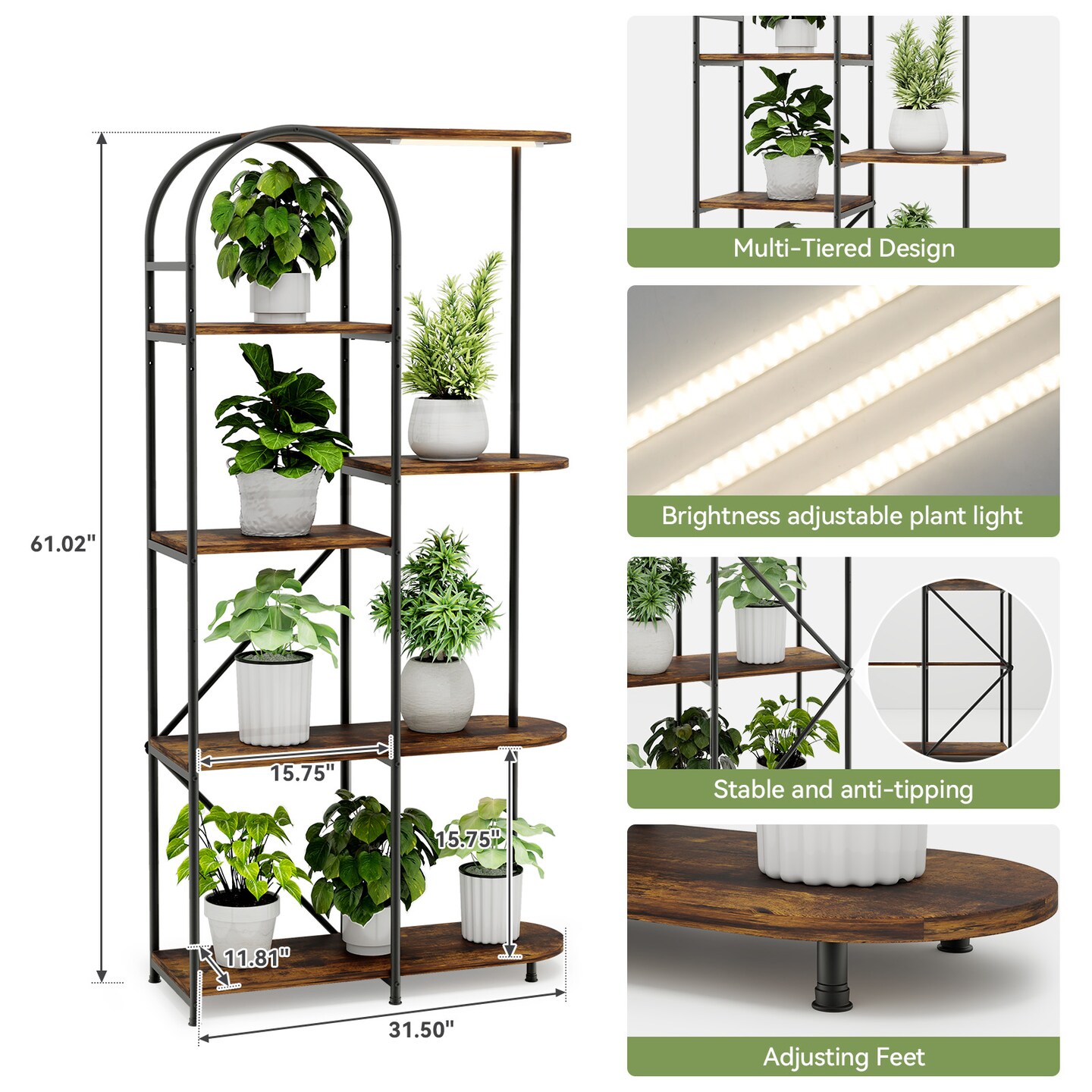 Plant Stand with Grow Lights, 6 Tier Plant Shelf Indoors, Corner Flower Display Stand for Multiple Plants , Multifunctional Storage Arch Large Capacity Plant Rack for Living Room, Balcony (Hot Color)