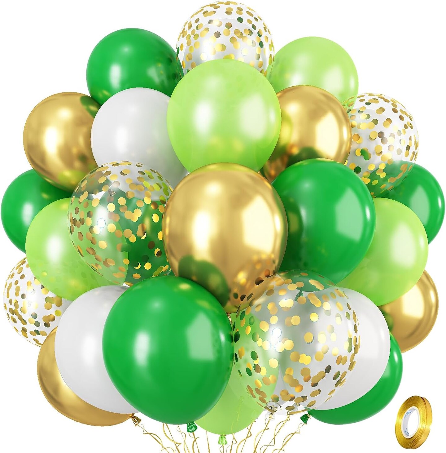 Green Gold Balloons Set, Dark Green Pearl Lime Green Metallic Gold White with Confetti Latex Balloons, Light Green Gold White Balloon