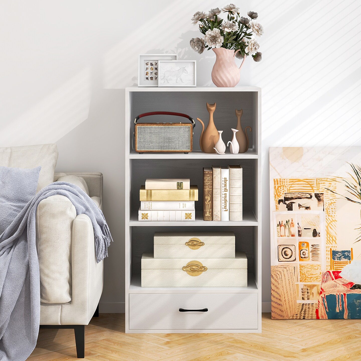 Storage Bookshelf with Drawer and 3 Open Shelves for Study or Bedroom