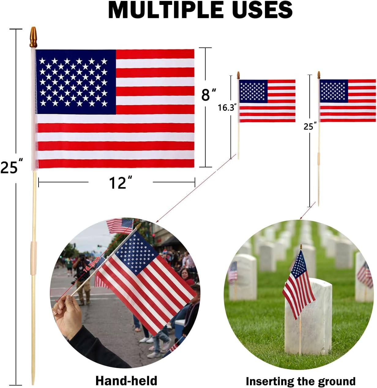12 Pcs 8x12 Inch American Flags For Outside/ US Stick Flags with Kid-Safe Spear Top, Handheld Flag or Ground-insertable, Perfect for Memorial Day Decorations,Independence Day ,4th of July Outdoor Decor Yard Patio Flags