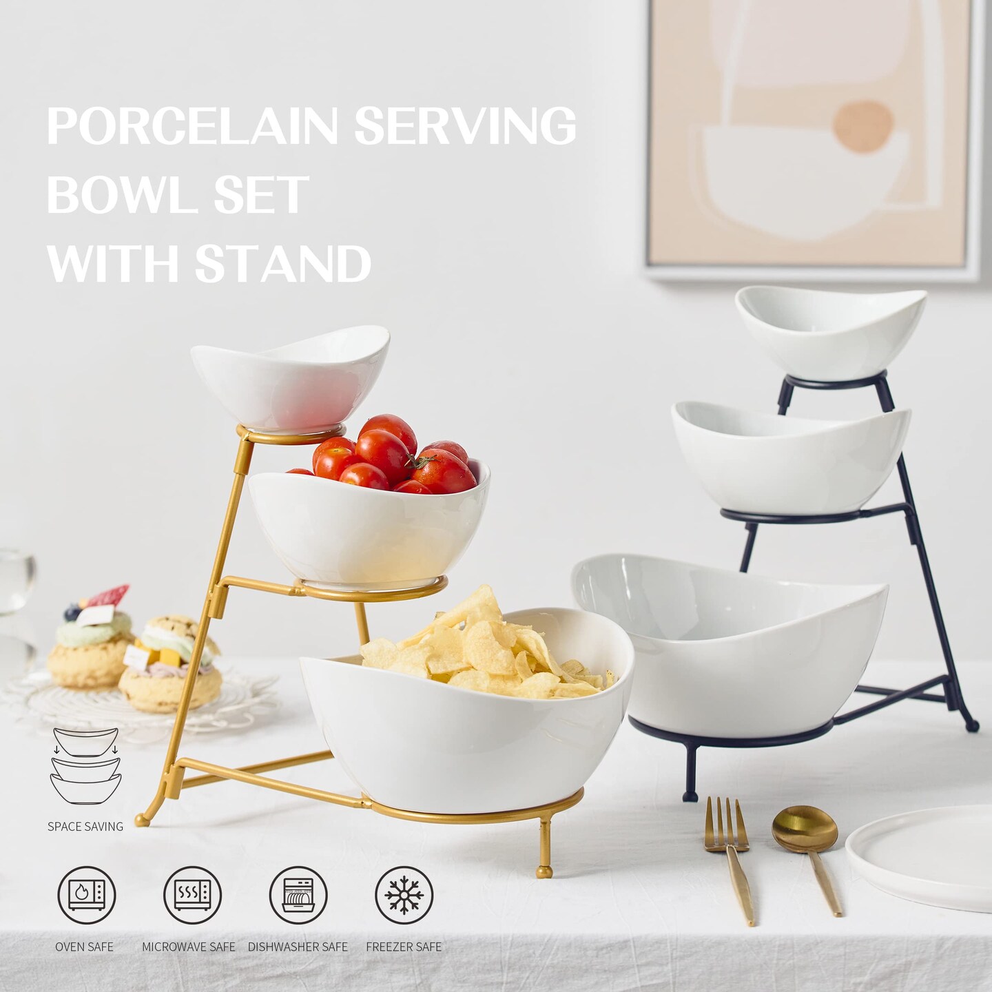 3 Tiered Oval Serving Bowl With Collapsible Metal Rack, Chip and Dip Serving Set, Dessert Appetizer, Candy, Fruit, Vegetable Bowl Set, White Serving Bowls For Entertaining(Gold Stand)