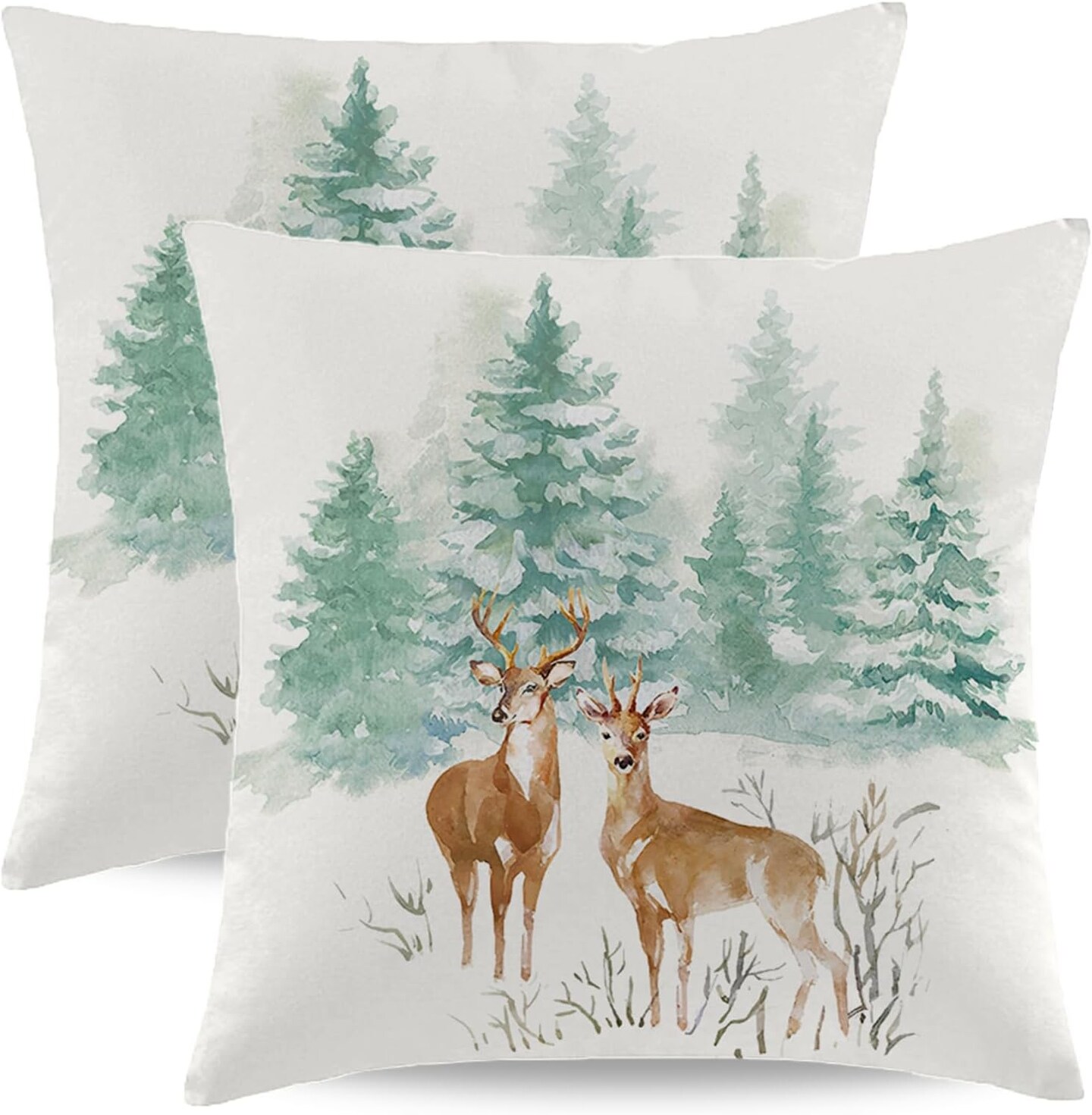 Rustic Deer Pillow Covers 16 X 16 Set of 2 Holiday Winter Throw Pillow Covers Nature Forest Snow Christmas Tree Decorative Pillowcase Square Cushion Cover Decor for Home Couch Sofa Bedding