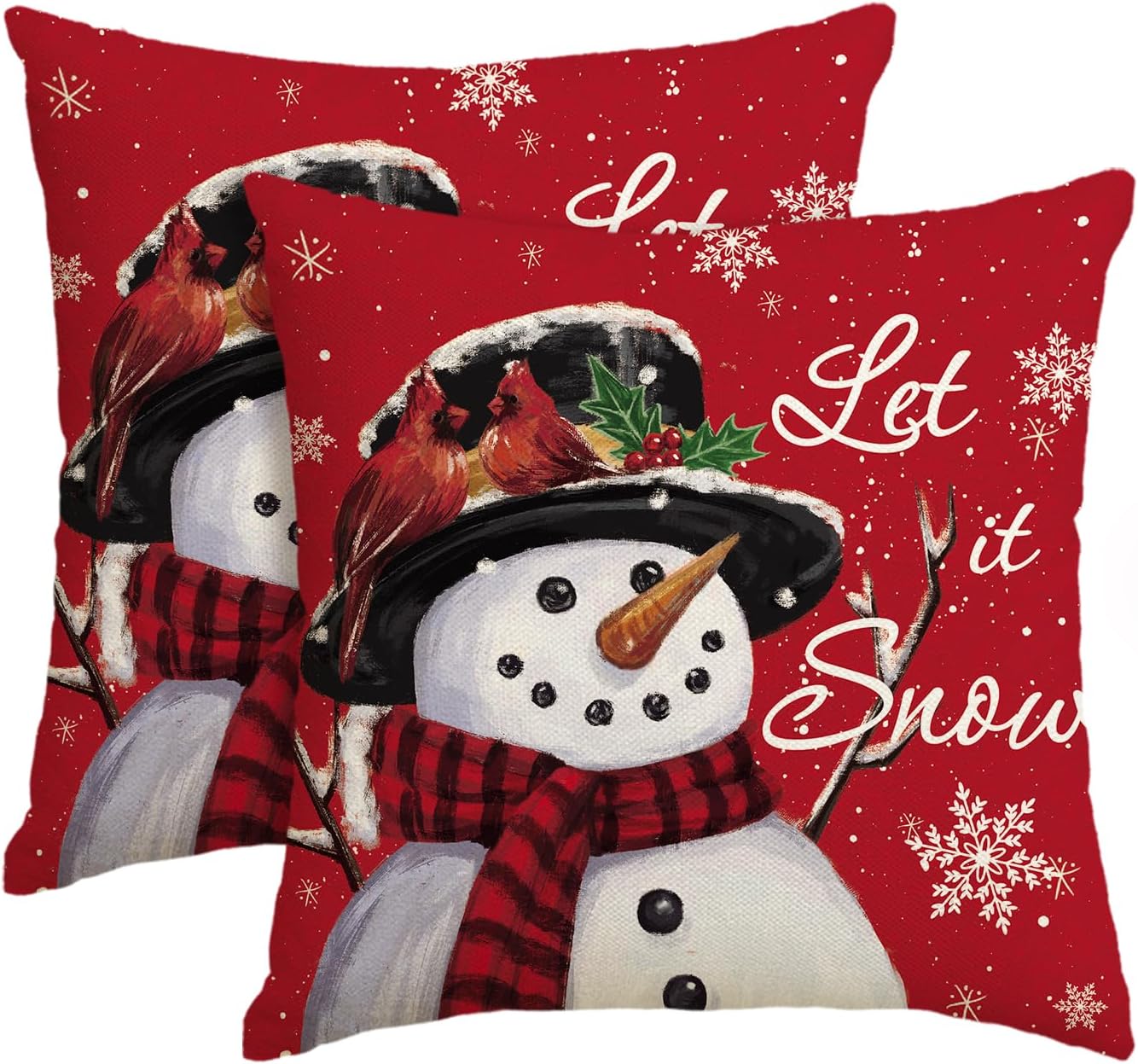 Let it Snow Snowman Christmas Red Throw Pillow Covers Set of 2, 18 x 18 Inch Winter Holiday Cushion Case Decoration for Sofa Couch