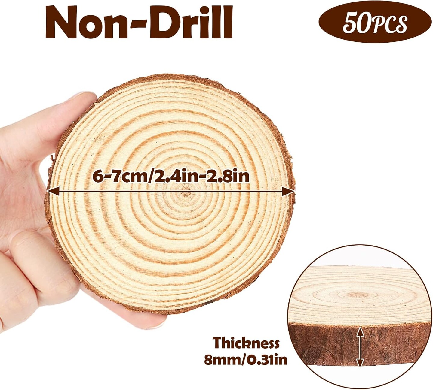 Natural Wood Slices 50 Pcs 2.4-2.8 Inches
