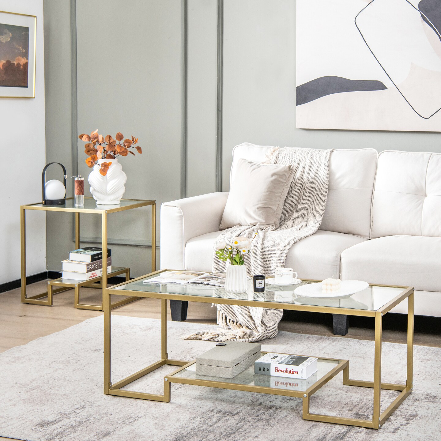 2-Tier Rectangular Glass Coffee Table with Steel Frame
