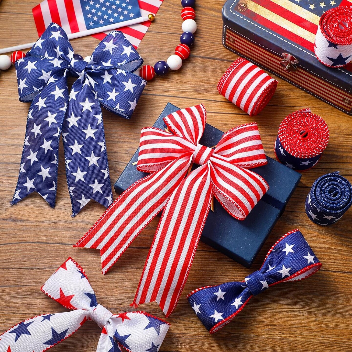 4 Rolls Patriotic Wired Ribbon 20 Yard 4th of July Red White Blue Stars Stripes American Flag USA Patriotic Decorative Edge Ribbons