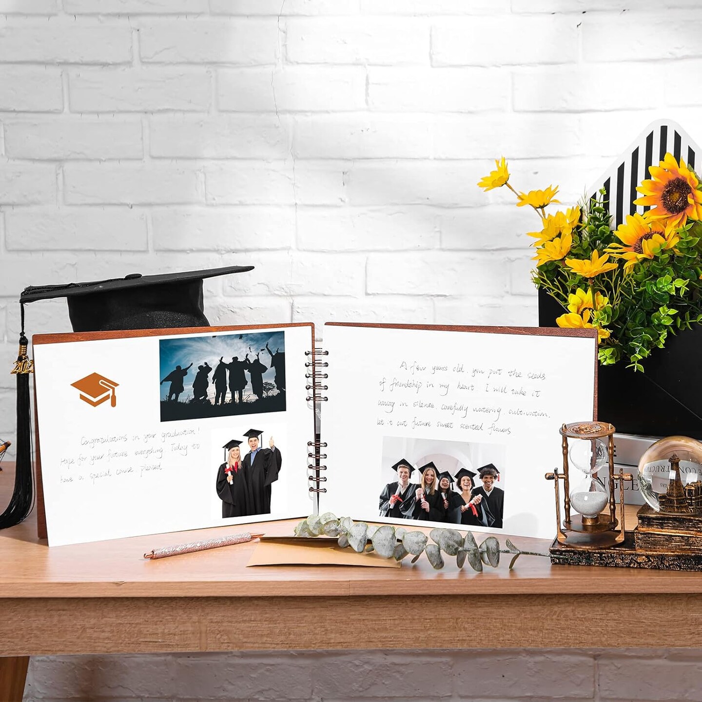 Graduation Wood Guest Book Rustic Grad Gifts Wood Scrapbook Photo Album Hardcover Photo Guest Congratulatory Message Book with 80 Blank White Pages for Graduation Party (Congratulation)