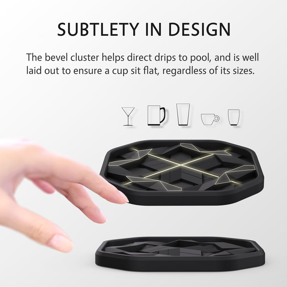 Silicone Cup Coasters for Drinks with Tailored Holder, Coffee Table Centerpiece, Modern Home Bar or Aesthetic Kitchen Essentials, House Decor Gifts, Set of 6, Posy Green