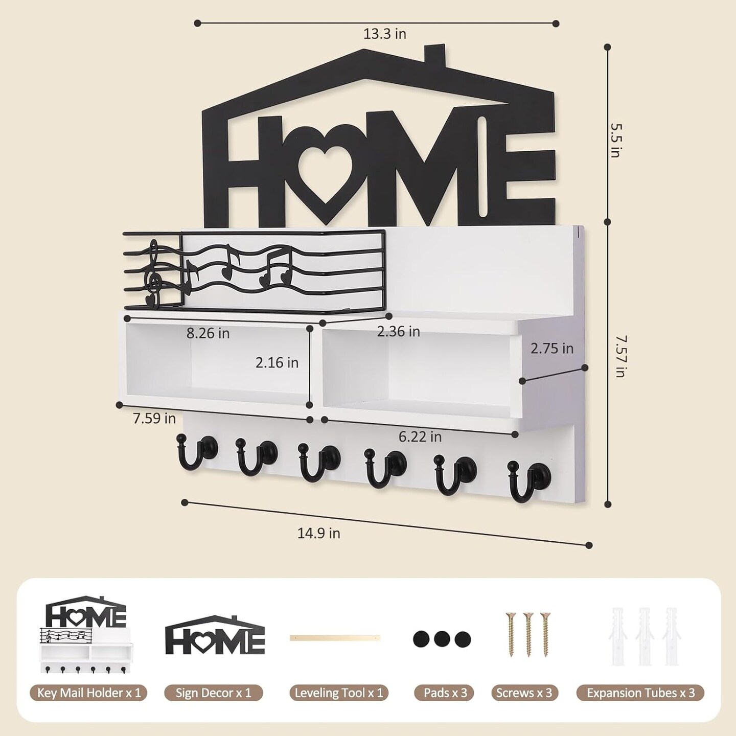 Key Holder Wall Mount, Decorative Wooden Mail and Key Organizer with Storage Basket and Shelf, 2 Compartments, 6 Hooks, White